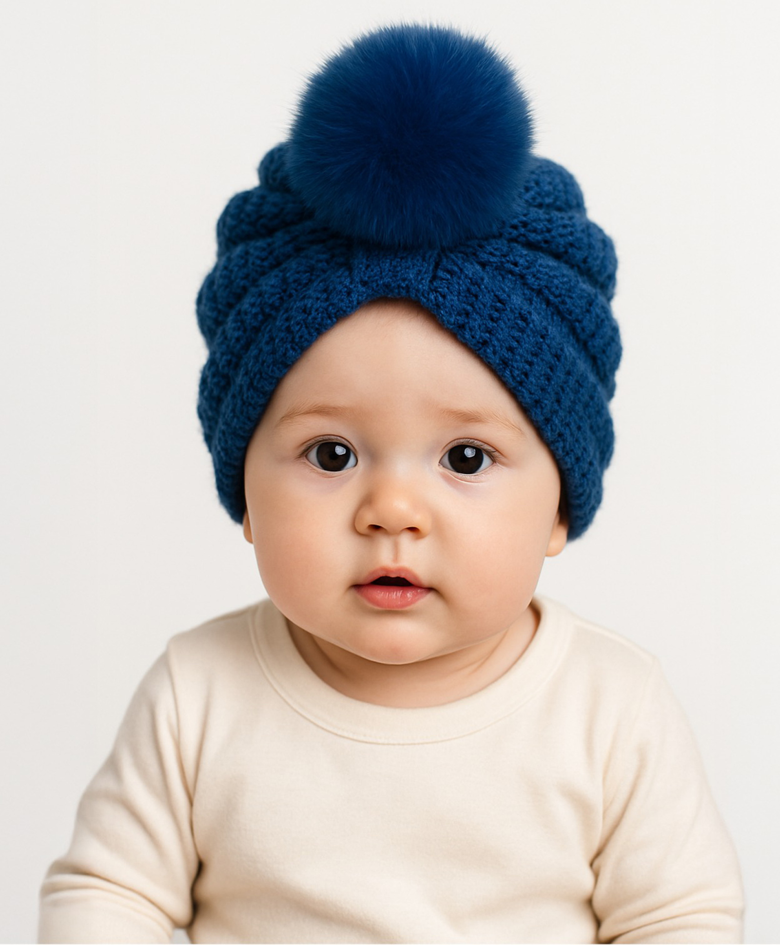 The little lookers Wool Knit Pom Pom Applique Detailed Turban Cap - Blue - Circumference 36 Cm-picture-25