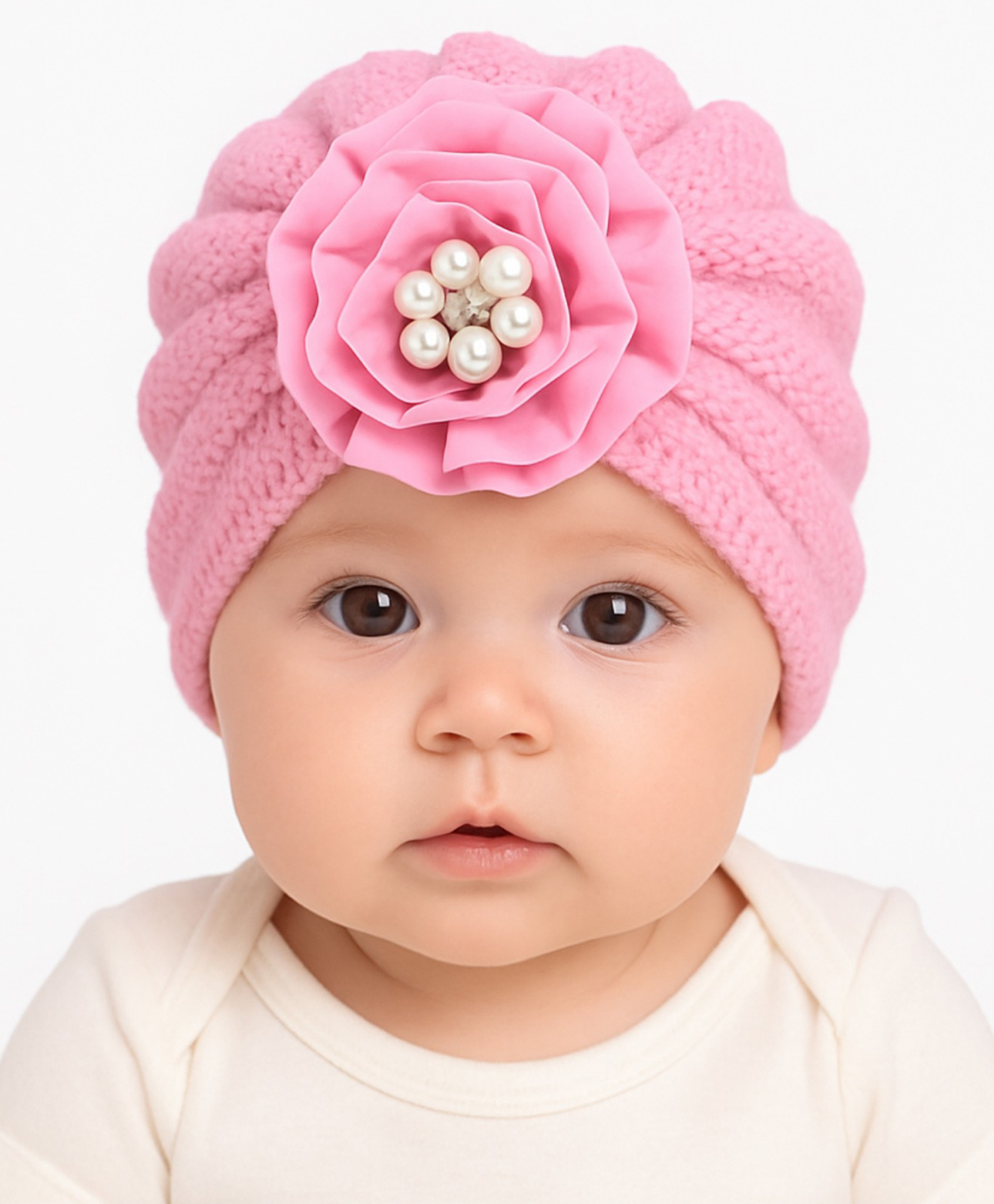 The little lookers Wool Knit Floral Applique Detailed Pearls Embellished Turban Cap - Pink - Circumference - 36 Cm-image-46