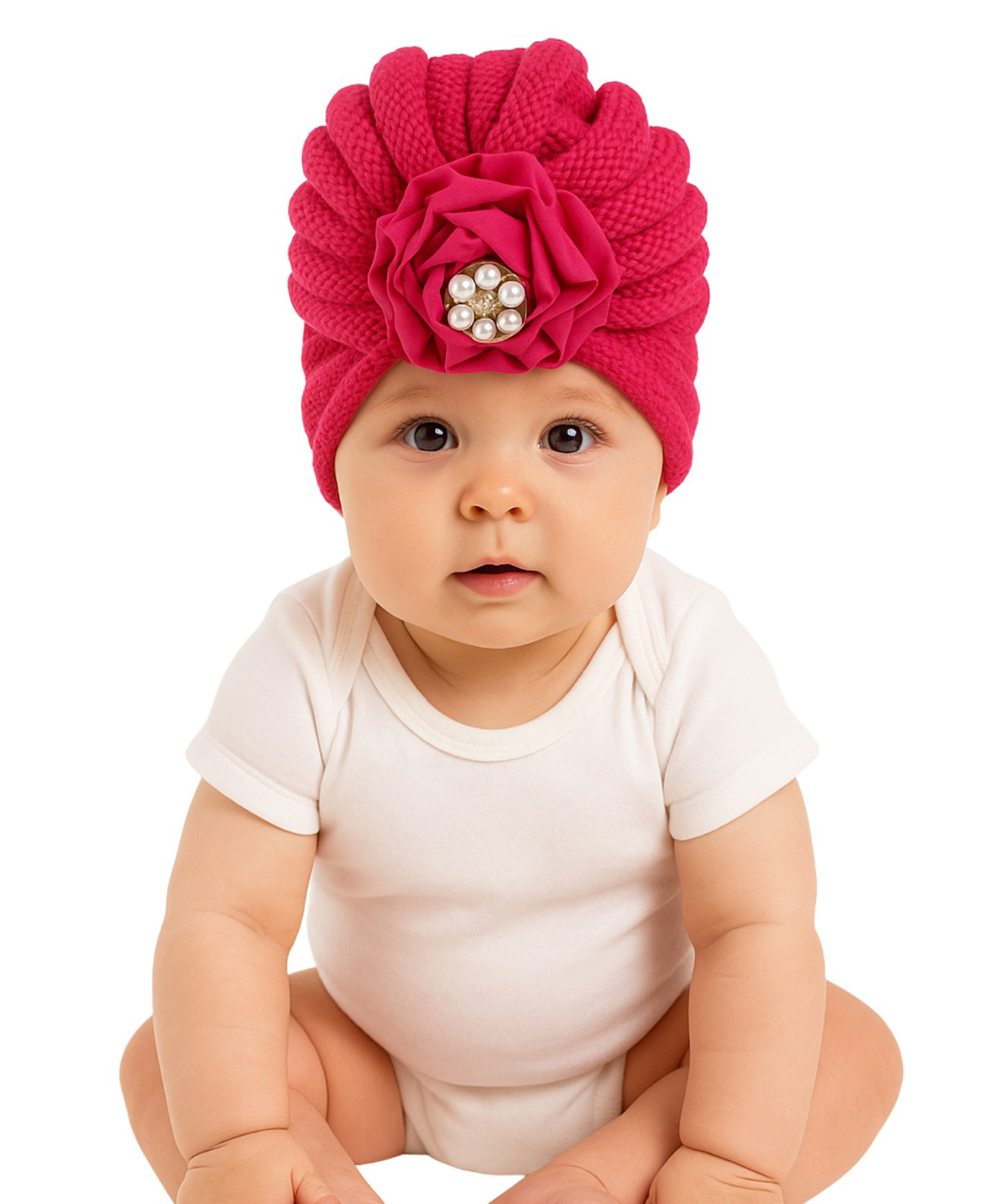 The little lookers Wool Knit Floral Applique Detailed Pearls Embellished Turban Cap - Dark Pink - Circumference - 36 Cm-picture-13