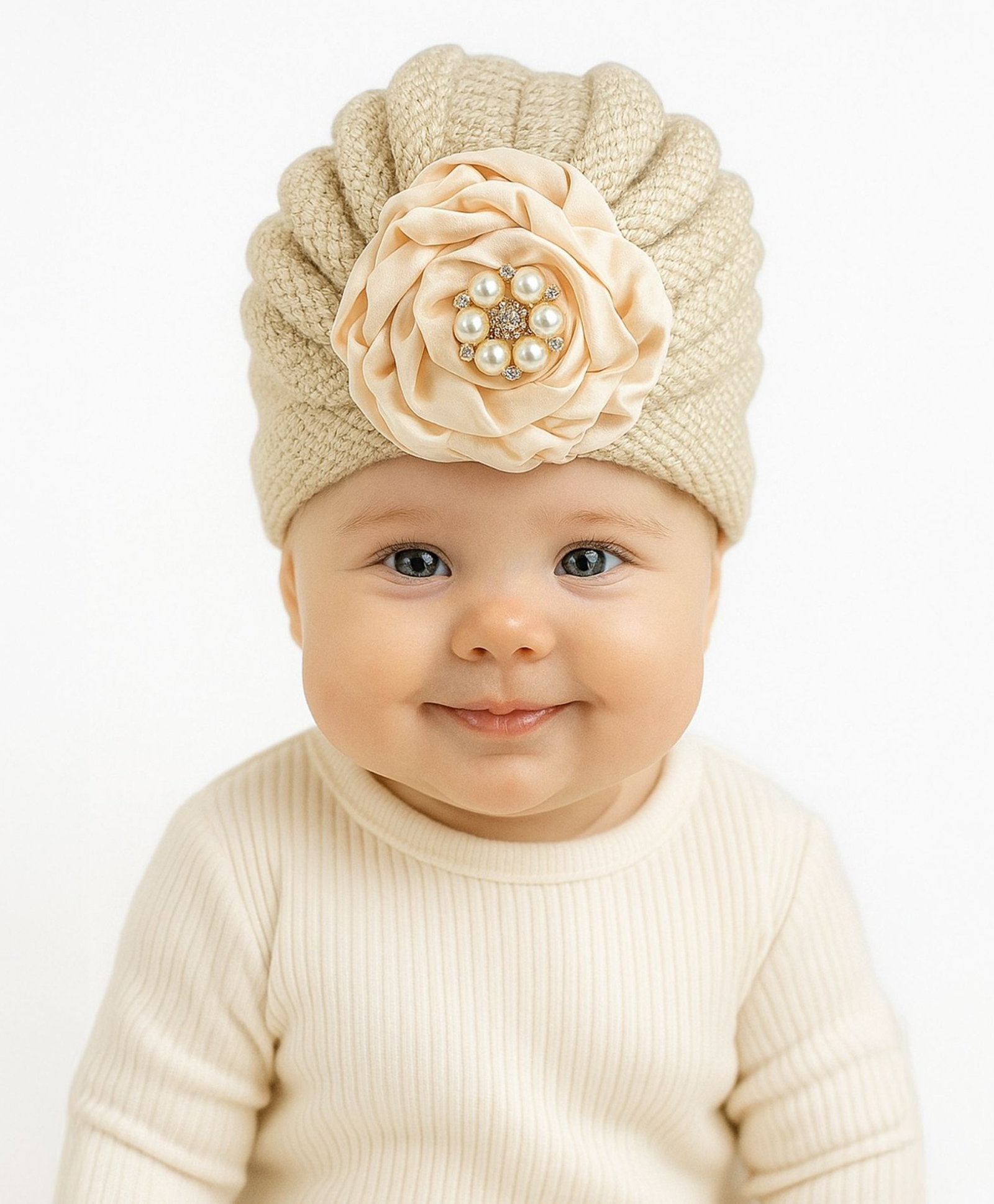 The little lookers Wool Knit Floral Applique Detailed Pearls Embellished Turban Cap - Off White - Circumference - 36 Cm-picture-10