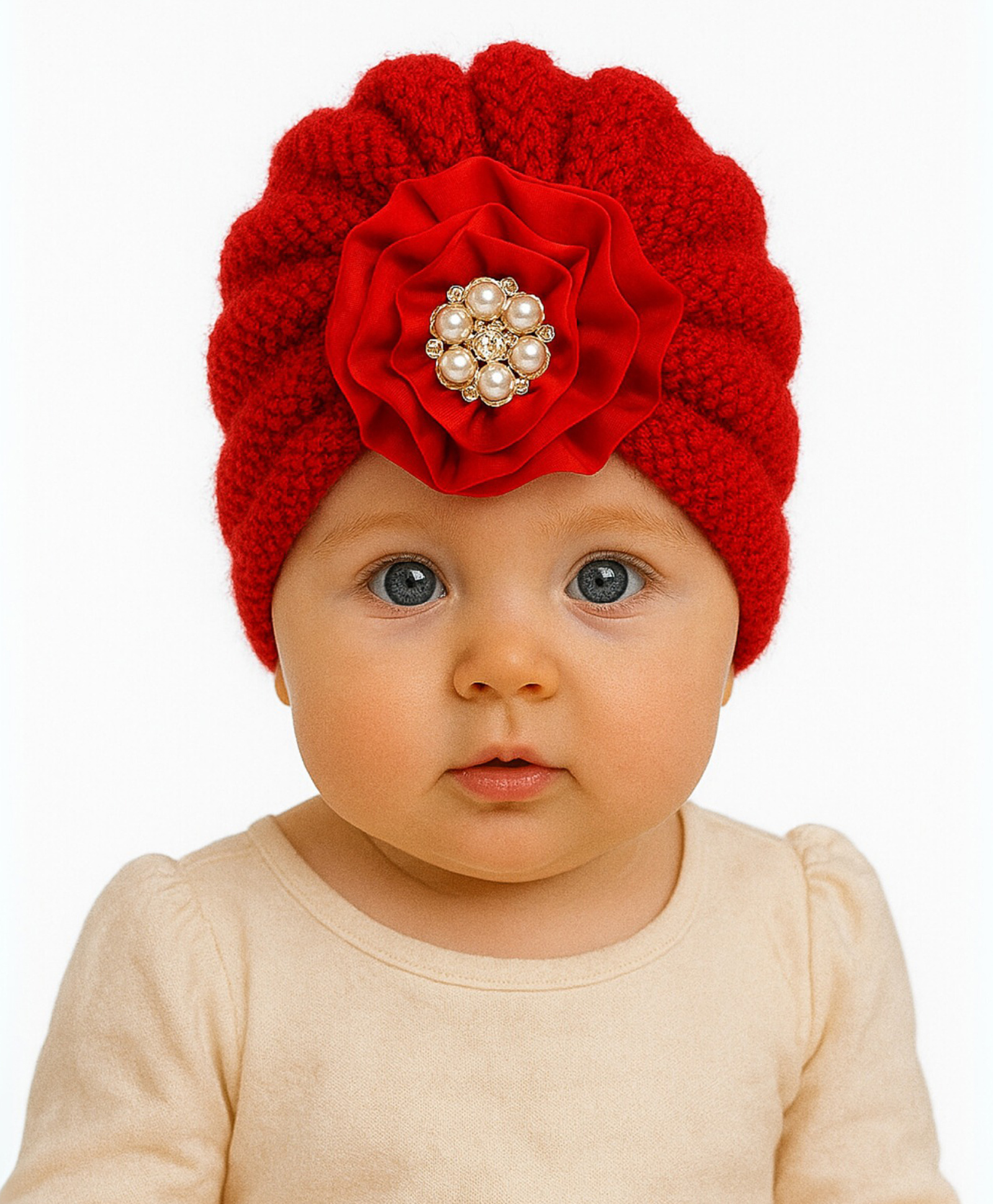The little lookers Wool Knit Floral Applique Detailed Pearls Embellished Turban Cap - Red - Circumference - 36 Cm-picture-11