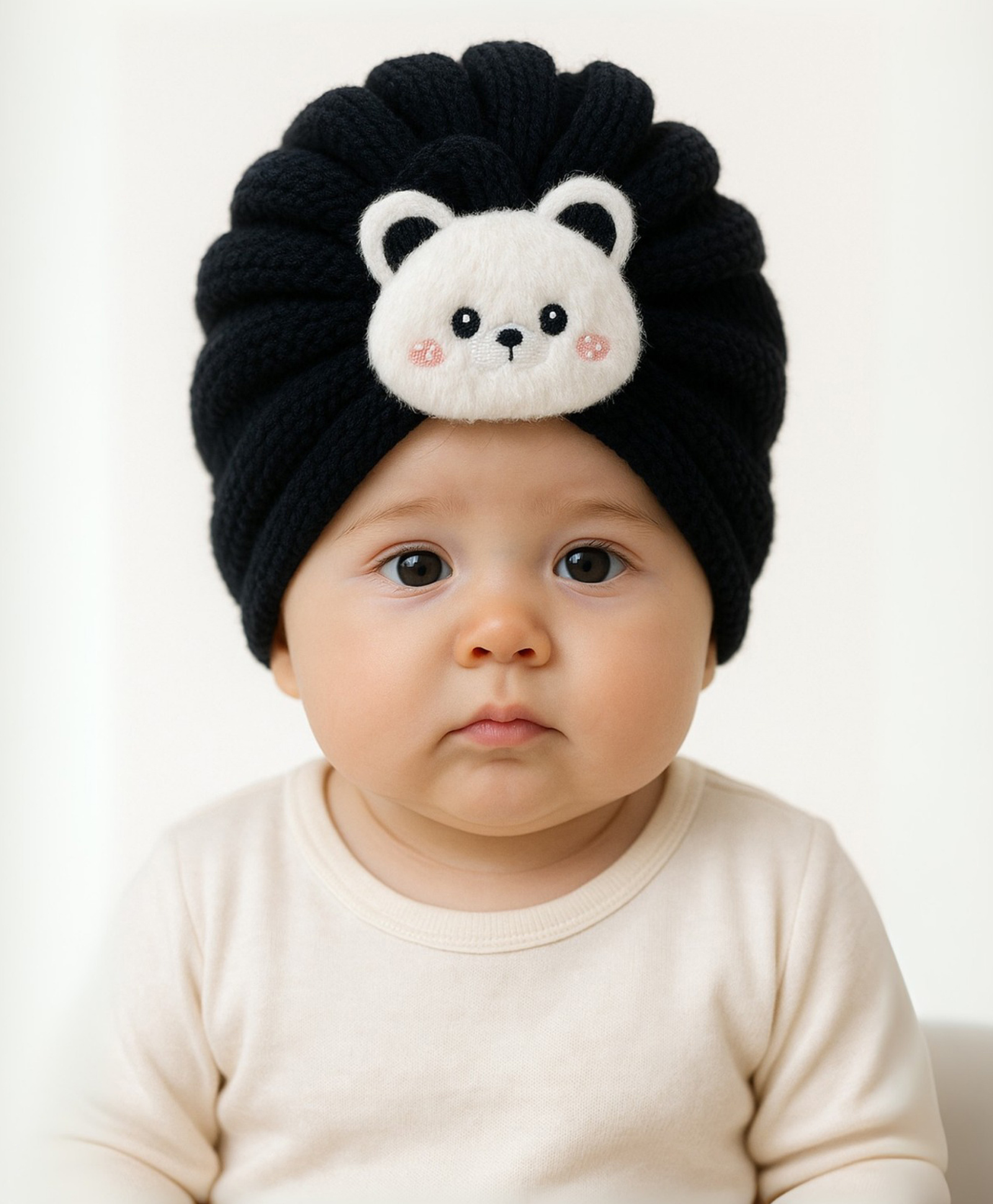 The little lookers Wool Knit Bear Applique Detailed Turban Cap - Black - Circumference - 36 Cm