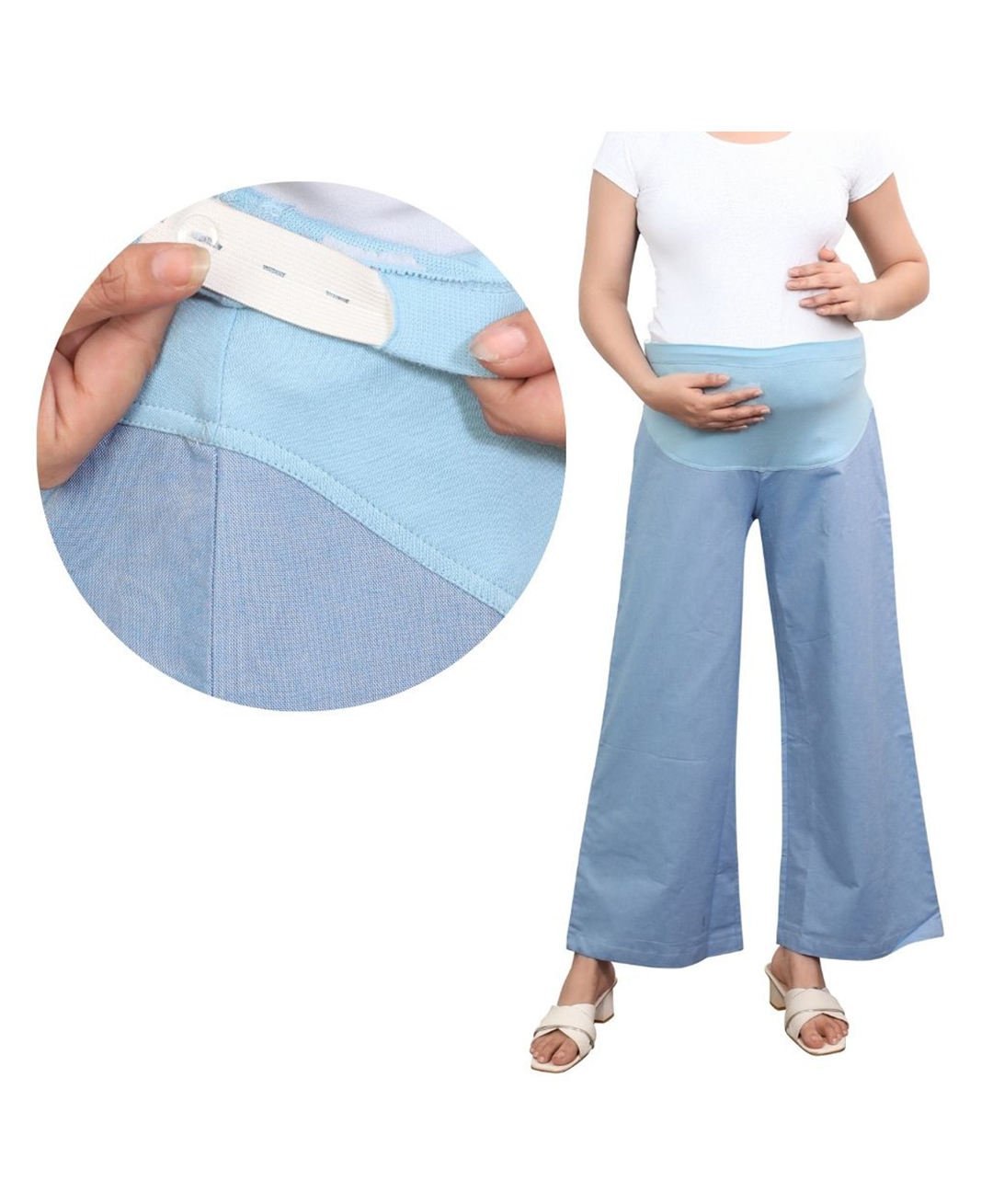 Mama & Bebe Chambray Woven Colour Blocked Maternity Flared Pant - Light Blue-image-36