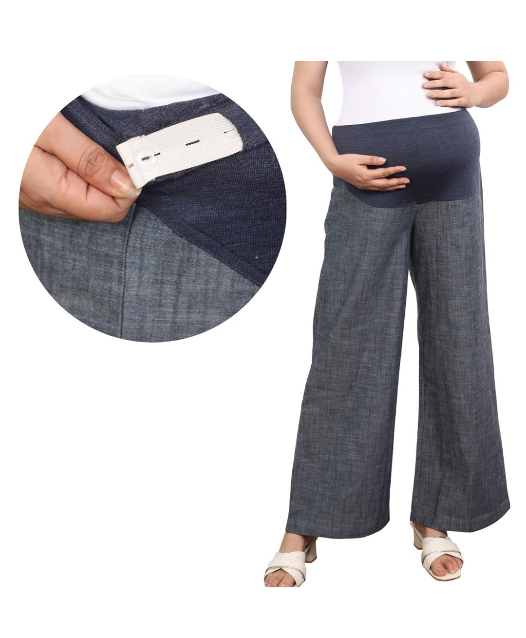 Mama & Bebe Chambray Woven Colour Blocked Maternity Flared Pant - Navy Blue