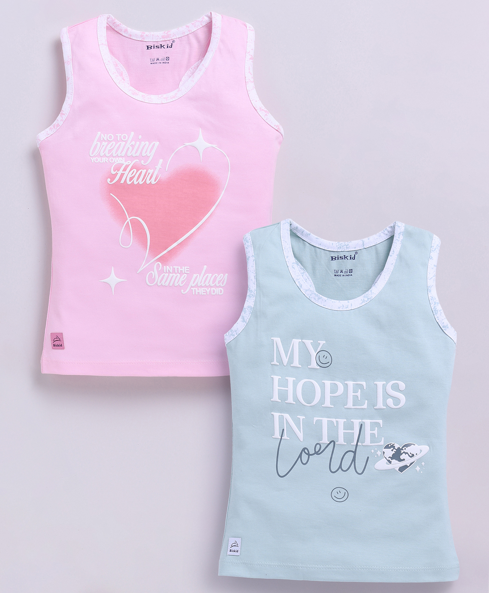 Biskid Cotton Knit Pack of 2 Sleeveless Heart & Typography Printed Tops - Pink & Light Pista-picture-15