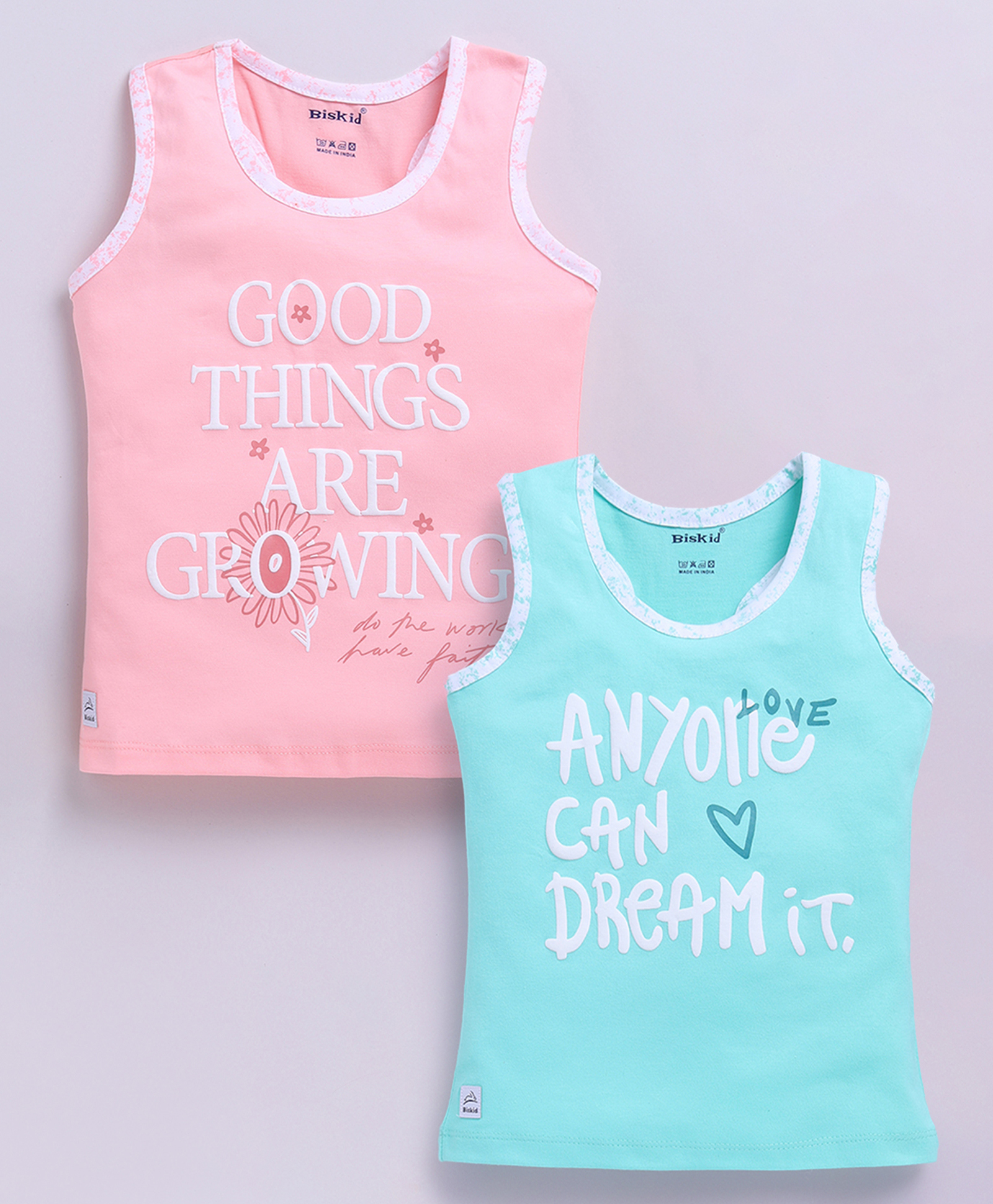 Biskid Cotton Knit Pack Of 2 Sleeveless Good Things Are Growing & Anyone Can Dream It Text Printed Tank Tops - Sea Green & Baby Pink-picture-22
