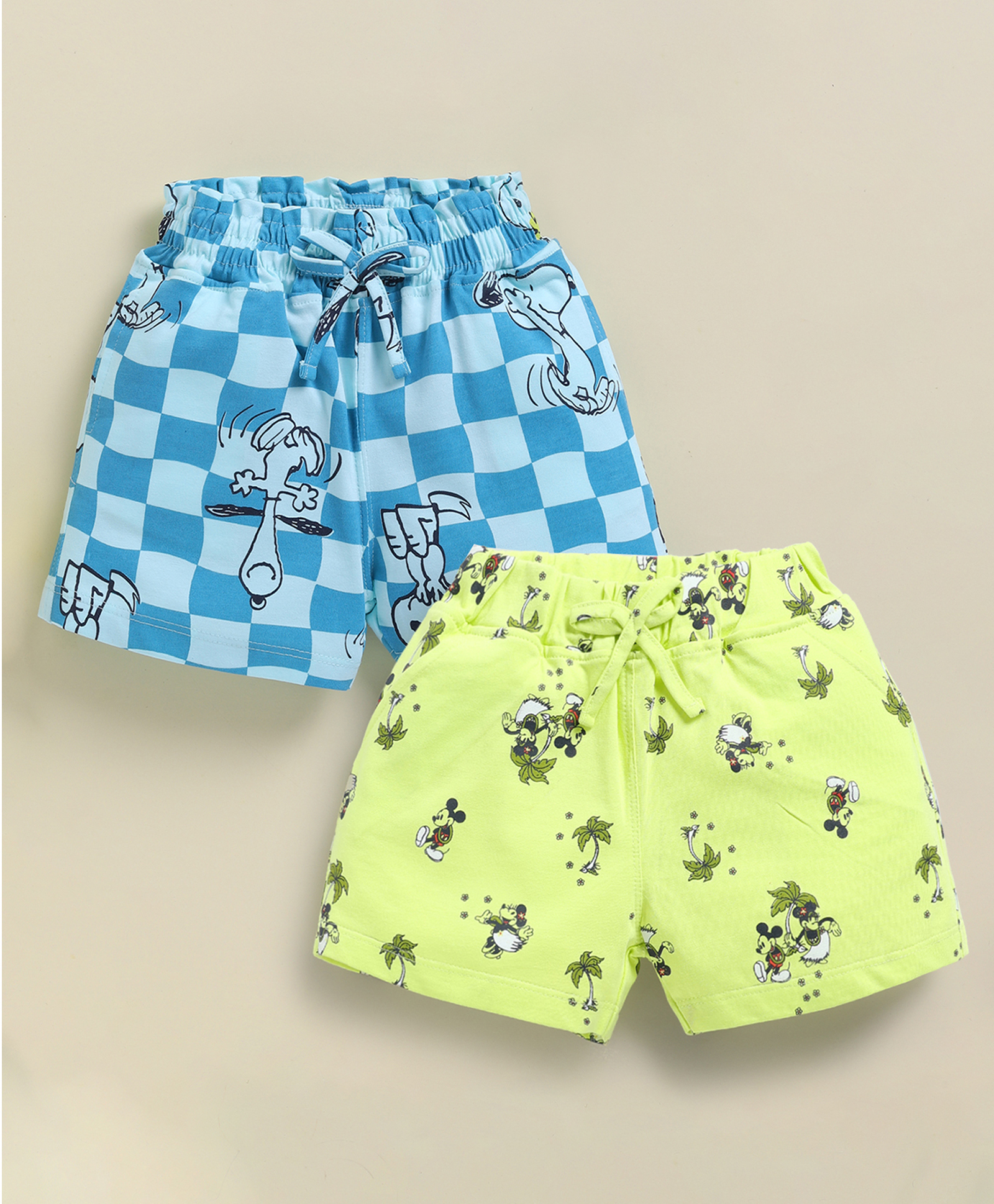 Biskid Cotton Knit Mickey & Friends Featuring Pack Of 2 Snoopy & Characters Printed Shorts - Blue & Lemon-picture-10