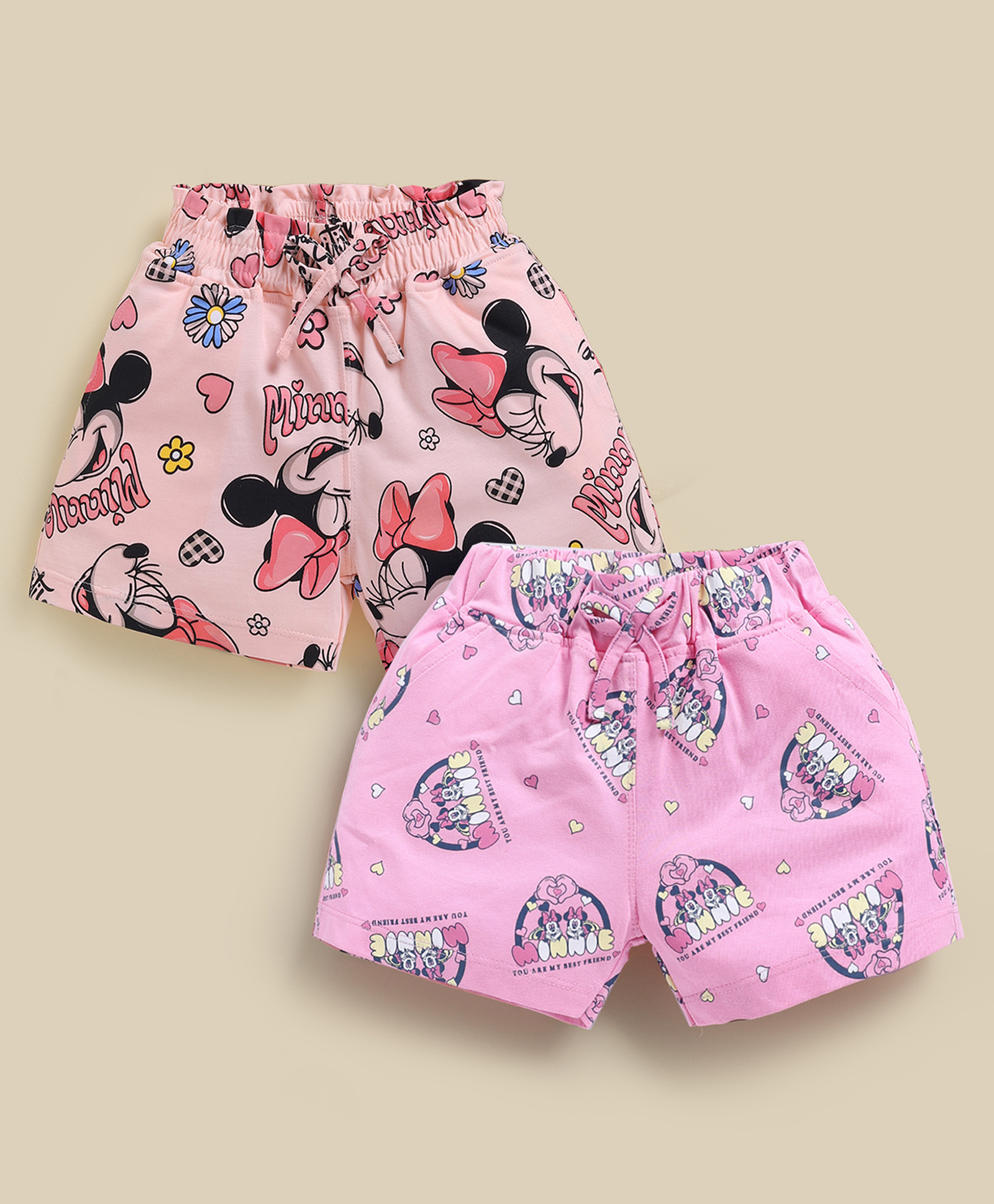 Biskid Cotton Knit Mickey & Friends Featuring Pack Of 2 Minnie Mouse Printed Shorts - Light Peach & Pink-picture-23