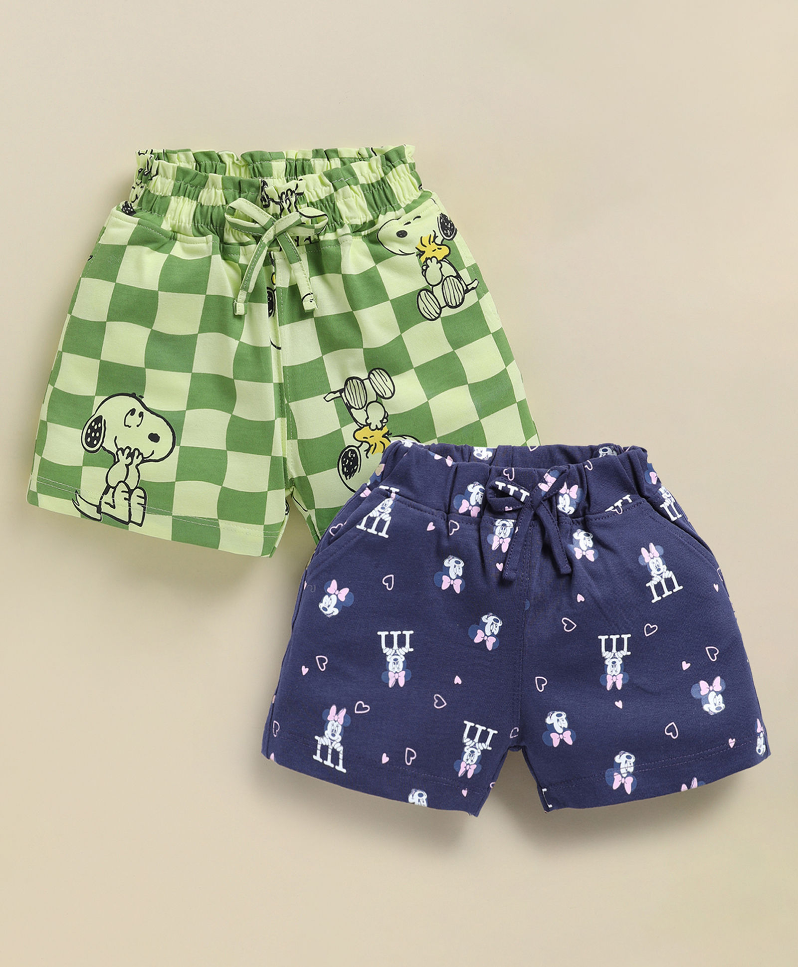 Biskid Cotton Knit Mickey & Friends Featuring Pack Of 2 Snoopy & Characters Printed Shorts - Green & Navy Blue-picture-20