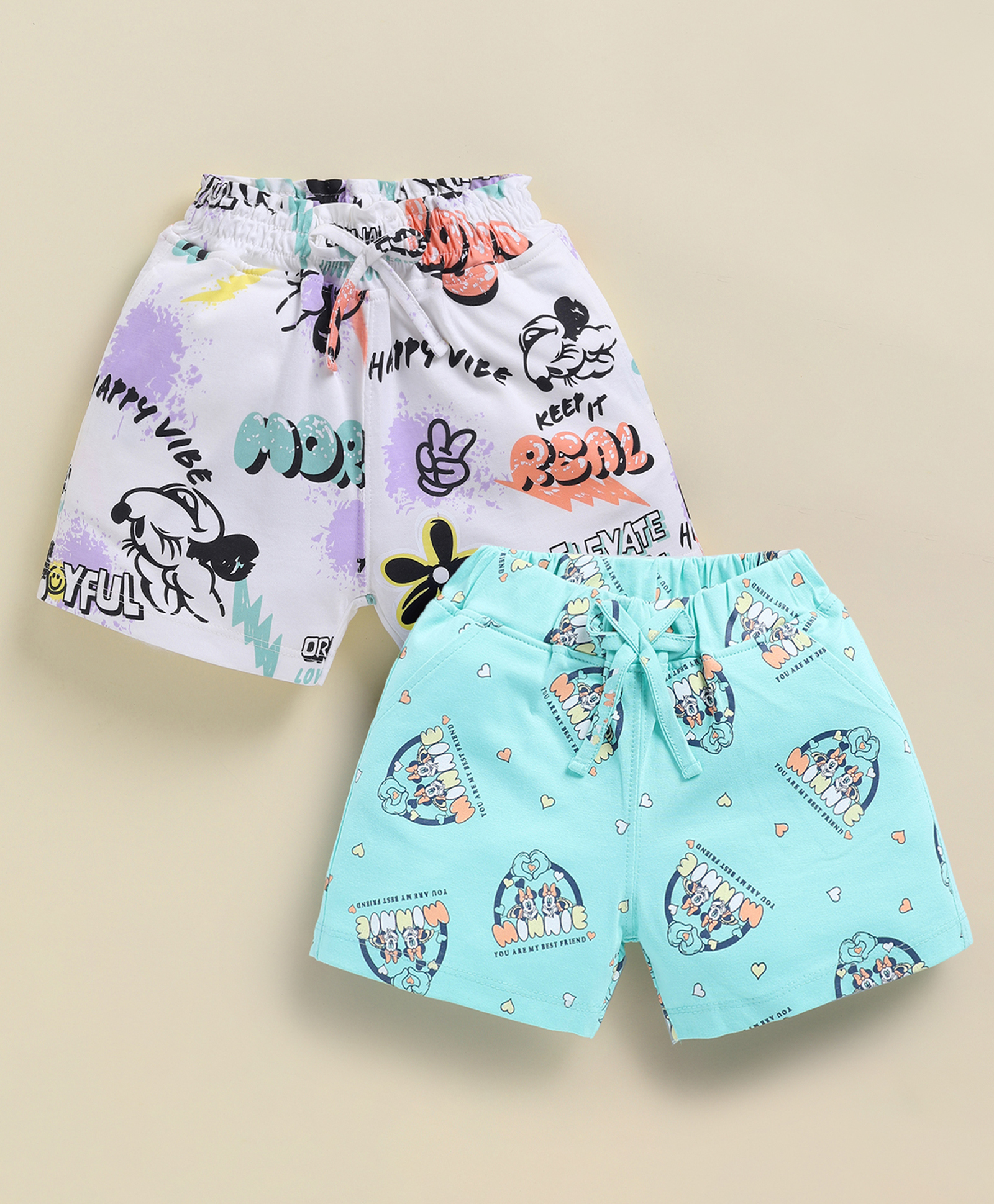 Biskid Cotton Knit Mickey & Friends Featuring Pack Of 2 Minnie Mouse Printed Shorts - White & Mint-picture-18