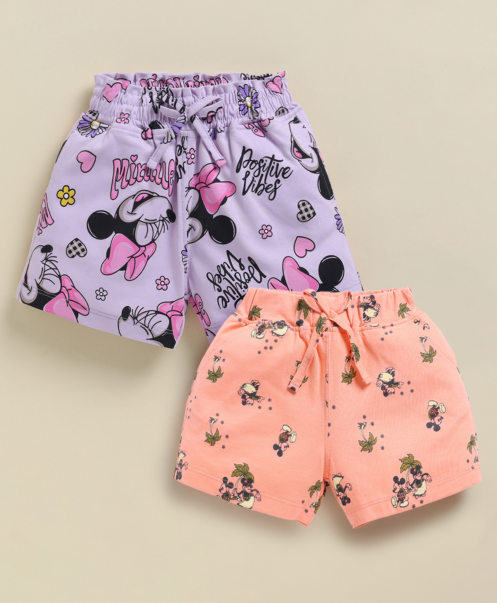 Biskid Cotton Knit Mickey & Friends Featuring Pack of 2 Minnie Mouse Printed Shorts - Light Mauve & Peach-picture-26
