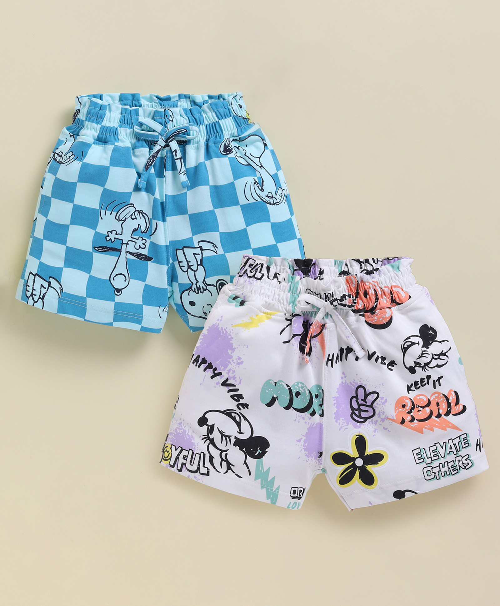 Biskid Cotton Knit Mickey & Friends Featuring Pack of 2 Minnie Mouse & Snoopy Printed Shorts - Blue & White-picture-35