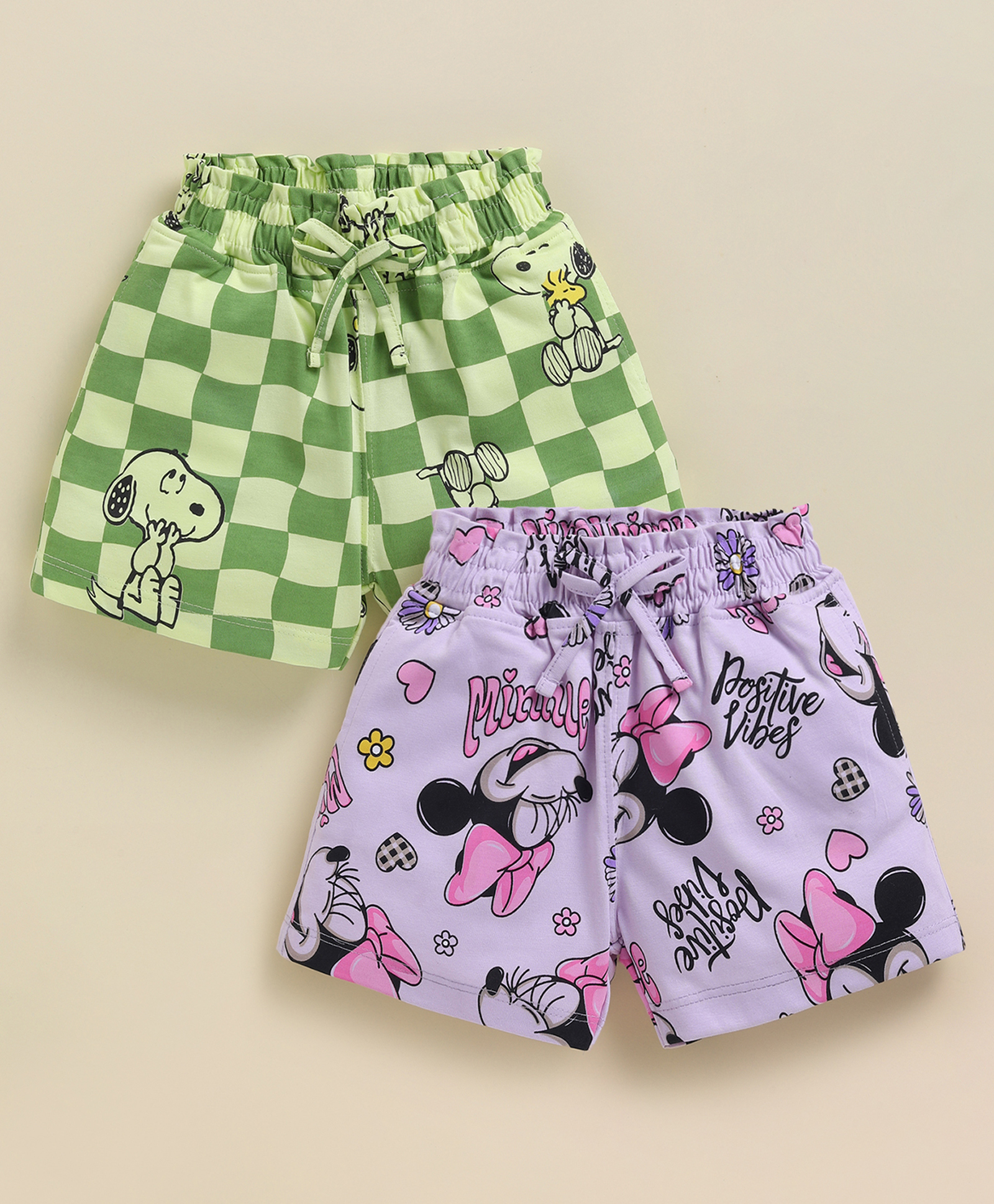 Biskid Cotton Knit Mickey & Friends Featuring Pack of 2 Minnie Mouse & Snoopy Printed Shorts - Green & Light Mauve-picture-19