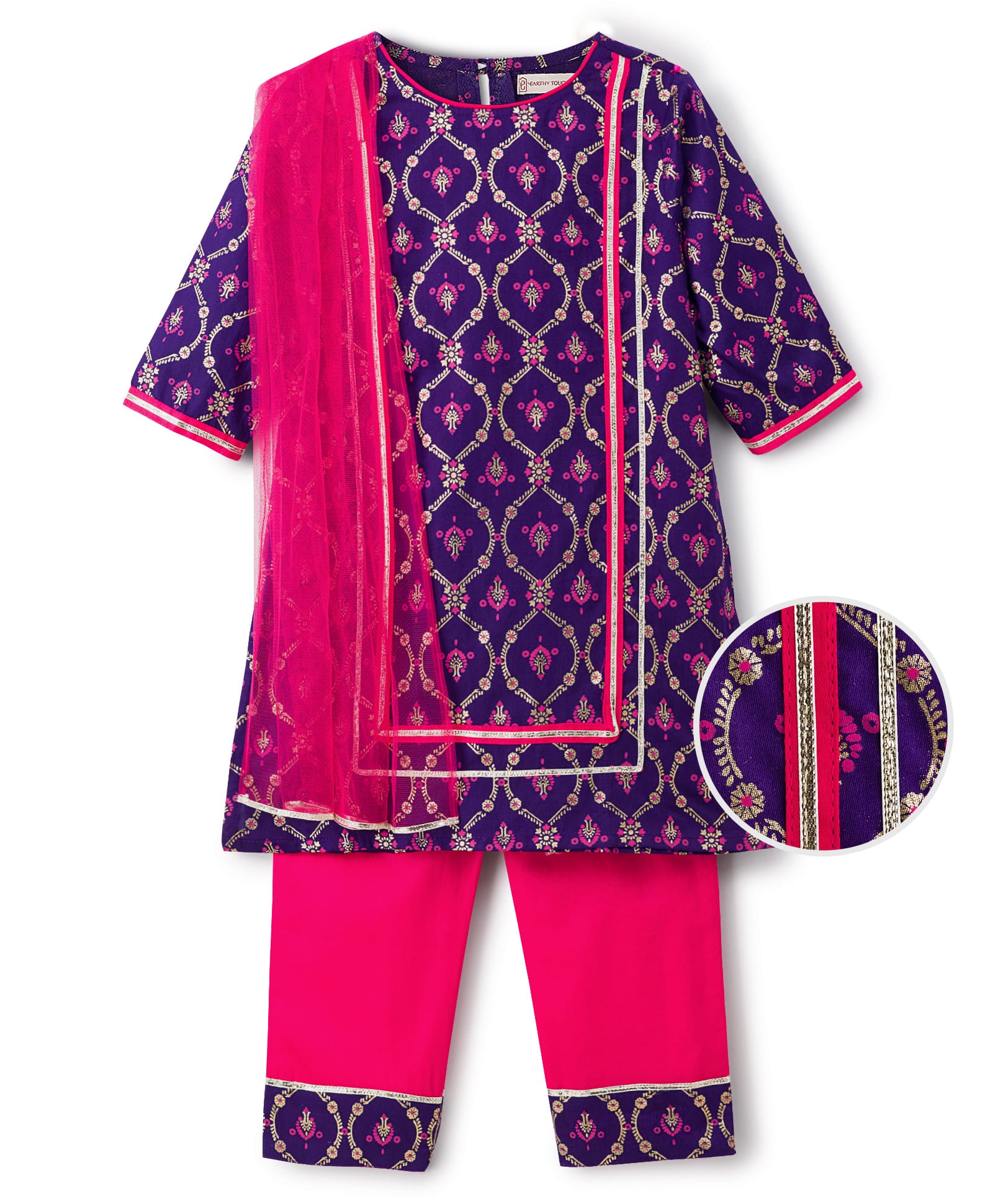 EARTHY TOUCH Viscose Woven Full Sleeves Kurta Churidar & Dupatta Set With Floral Print - Purple-image-47