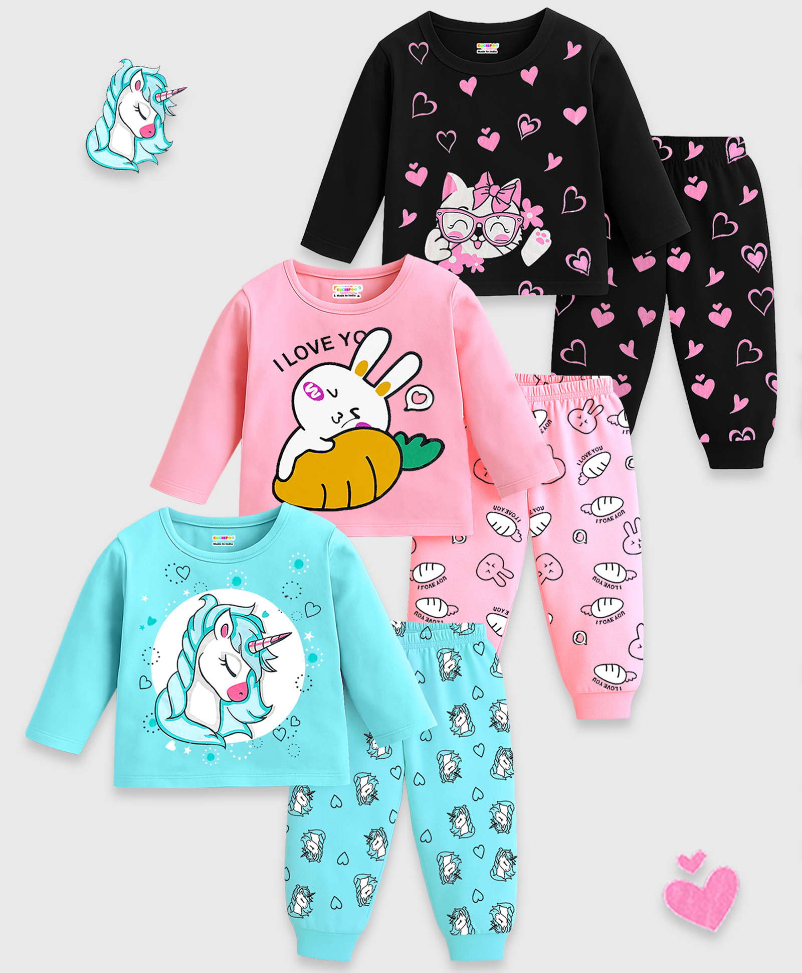 KUCHIPOO Cotton Blend Knit Pack Of 3 Full Sleeves Unicorn & Baby Animals Printed Tees & Joggers Set - Black Pink & Sky Blue-image-36