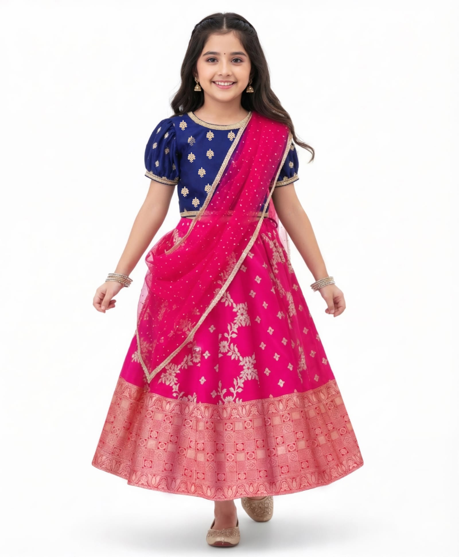 Pine Kids Woven Half Sleeves Choli Lehenga & Dupatta Set With Floral Foil Embroidered & Printed - Navy Blue & Pink-picture-13