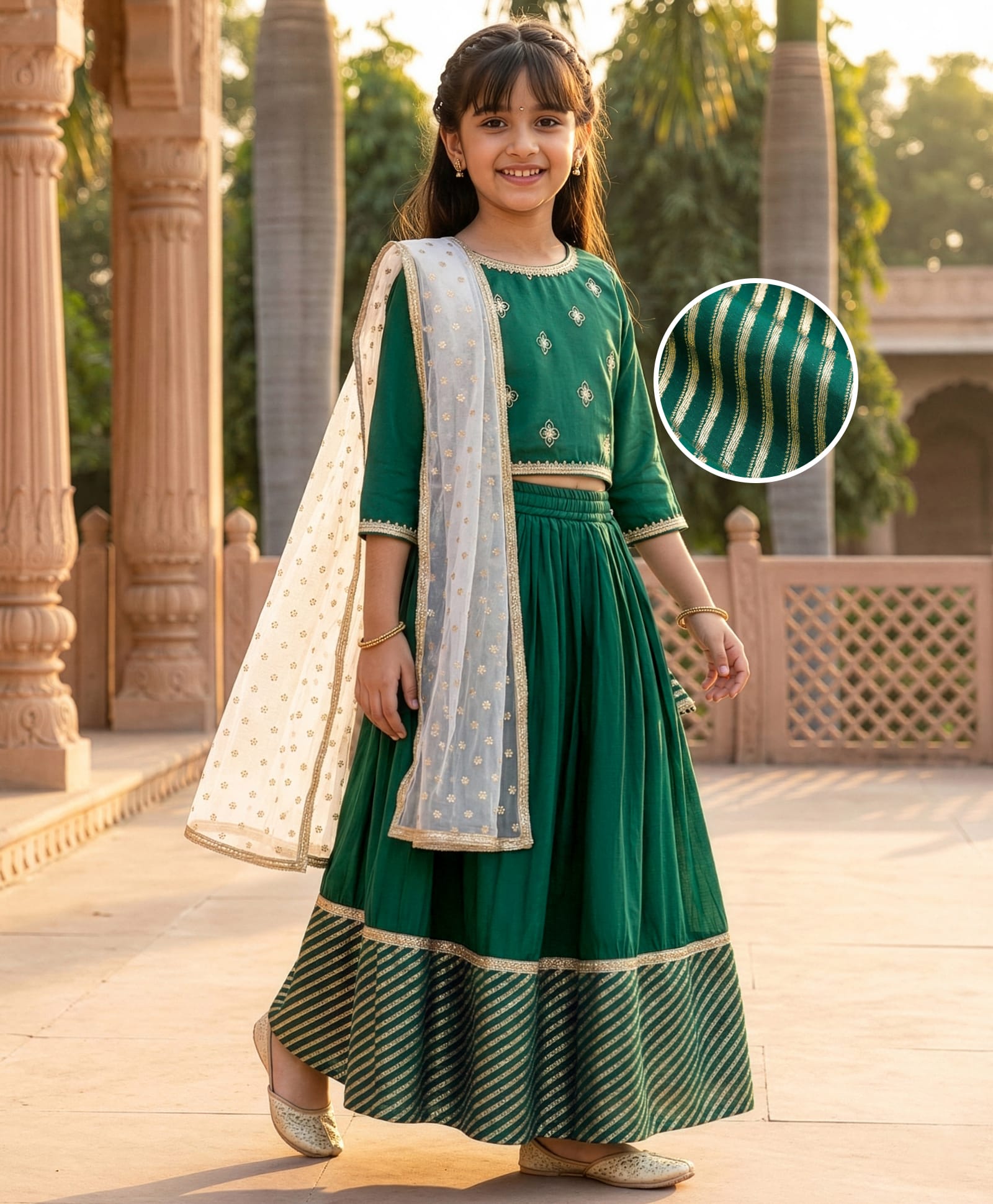 Pine Kids Woven Three Fourth Sleeves Choli Lehenga & Dupatta Set with Floral Print - Mint Green-image-12