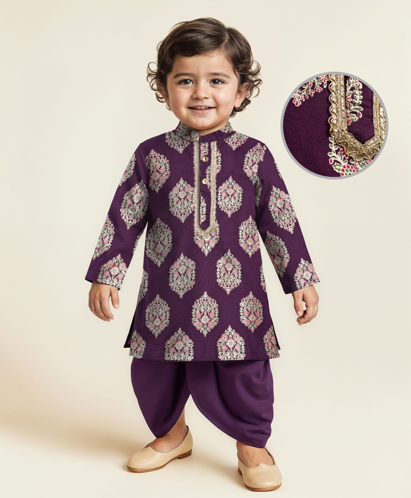 EARTHY TOUCH Single Jersey Knit Full Sleeves Kurta Dhoti Set with Motif Glitter Print - Purple-picture-27