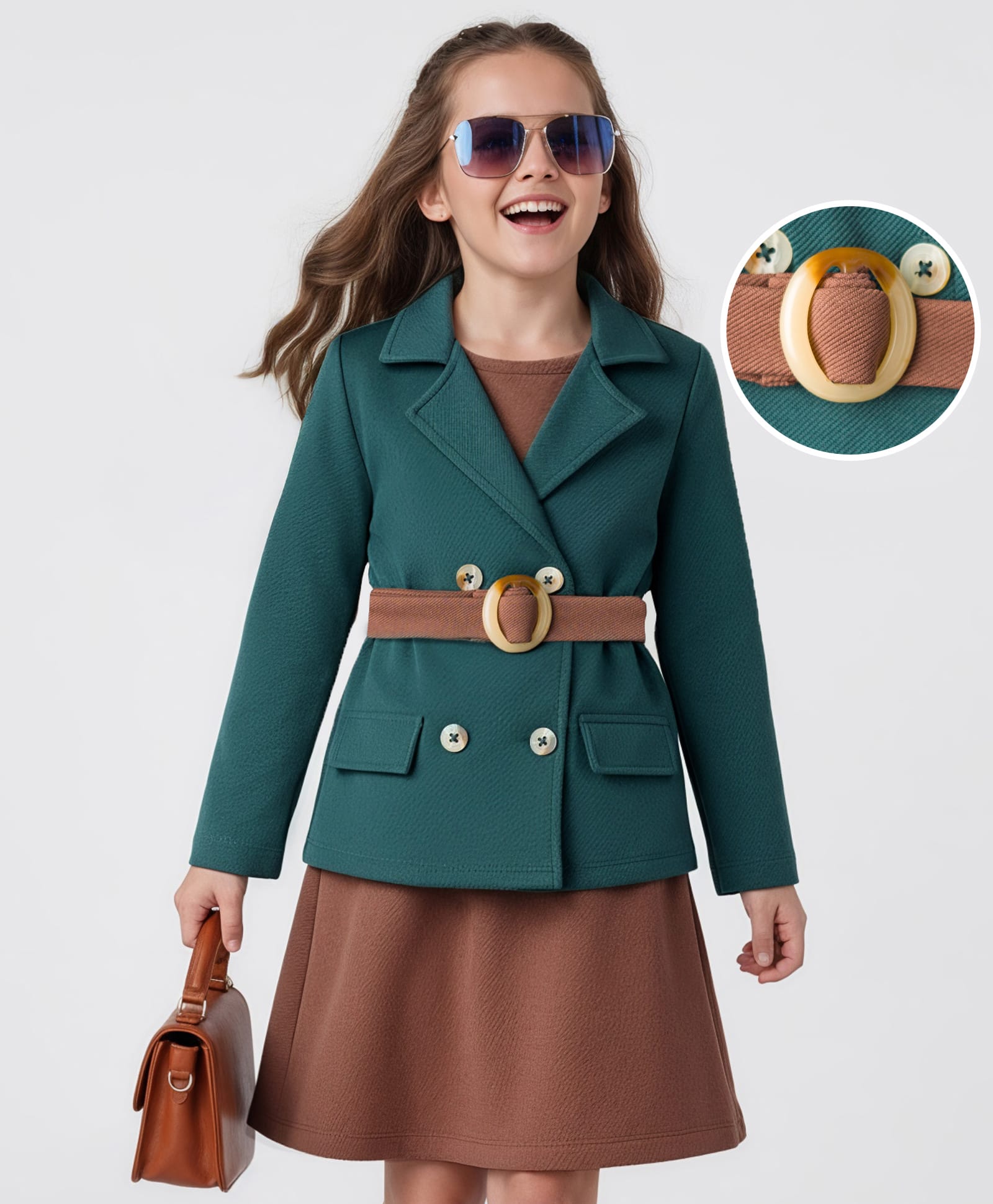 Hola Bonita Knit Solid Color Dress With Full Sleeves Jacket & Belt - Dark Green-image-22