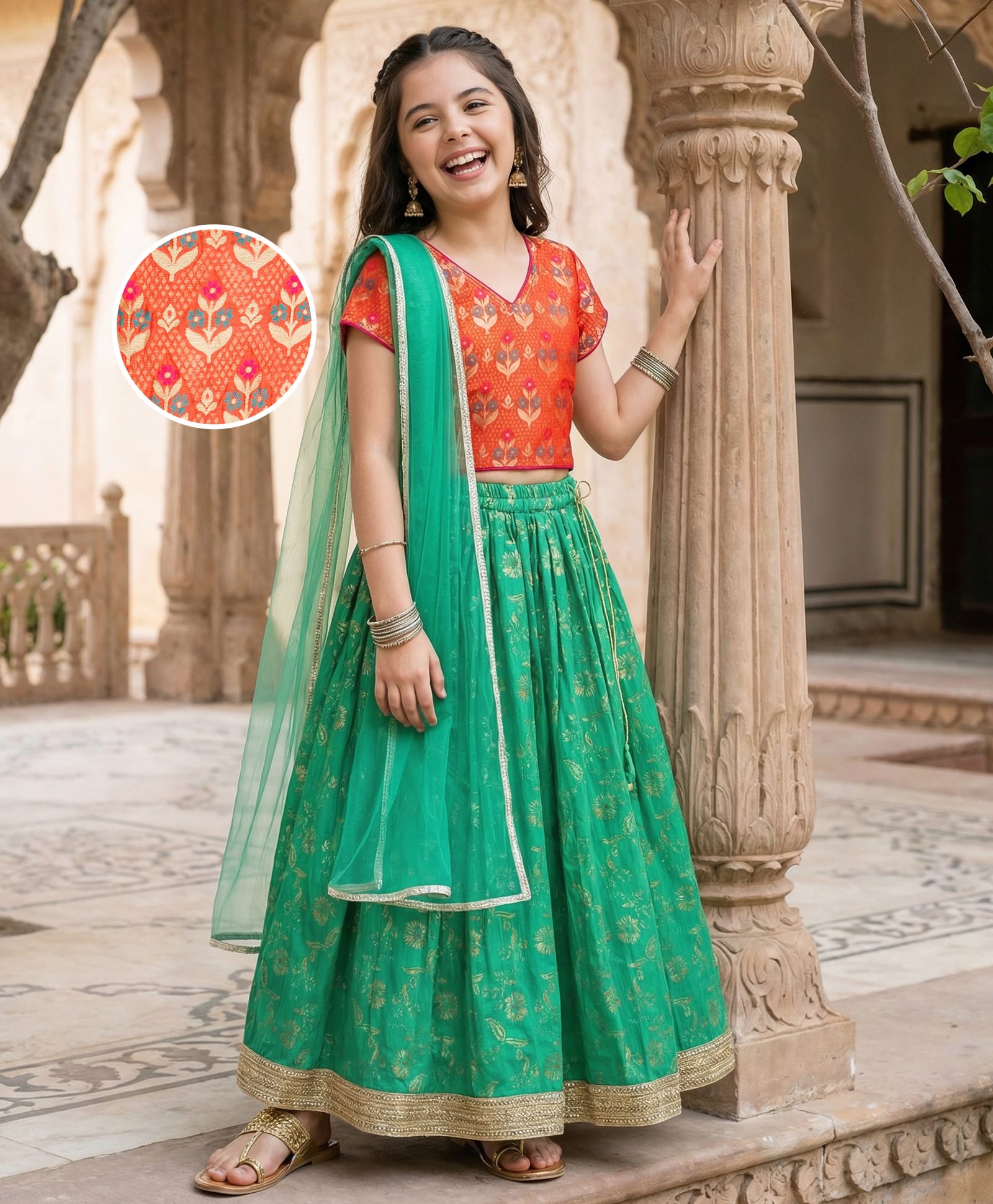 Pine Kids Woven Half Sleeves Lehenga Choli & Dupatta Set with Floral Print - Orange & Light Green-image-38