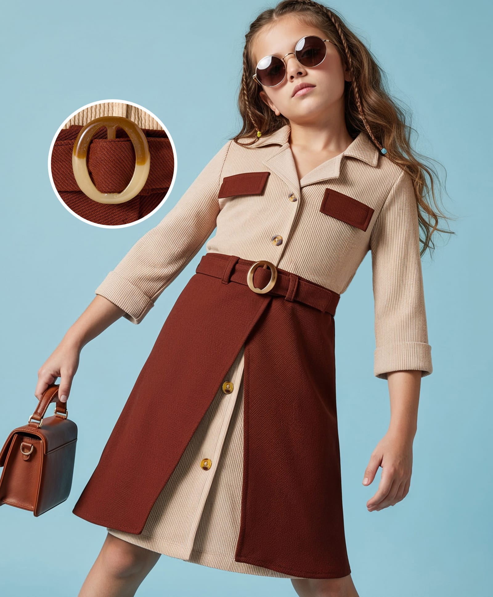 Hola Bonita Knit Full Sleeves Front Open Dress with Fabric Belt - Brown & Beige-image-41