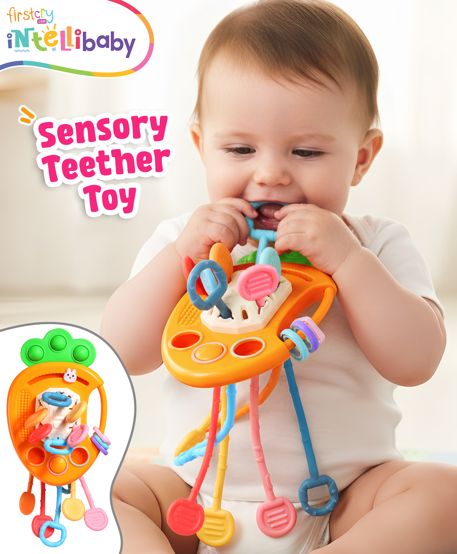 Intellibaby Carrot Sensory Teether for Babies | Pull-String Teething Toy | Multi-Coloured Vegetable | Soft BPA-Free Silicone | Gum Relief | Paediatrician Approved | BIS Certified | Ideal For Gifting-image-10