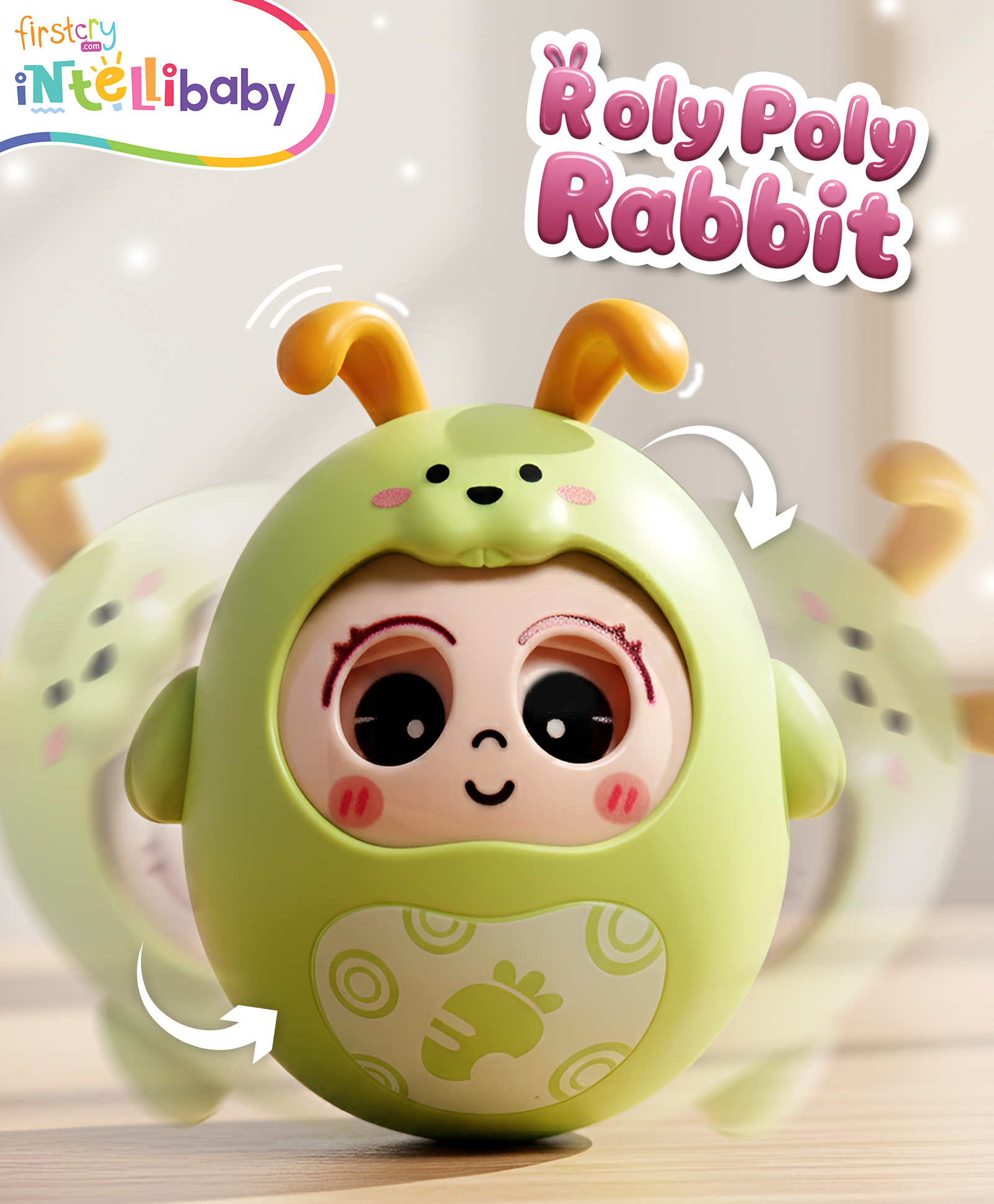 Intellibaby Premium Roly Poly Rabbit - Green | Push & Shake Tumbler Wobble Toy for Babies | Bell Rattle Sound & Blinking Eyes | Tummy-Time & Crawling Play | Musical | BIS Certified | Ideal For Gifting-picture-22