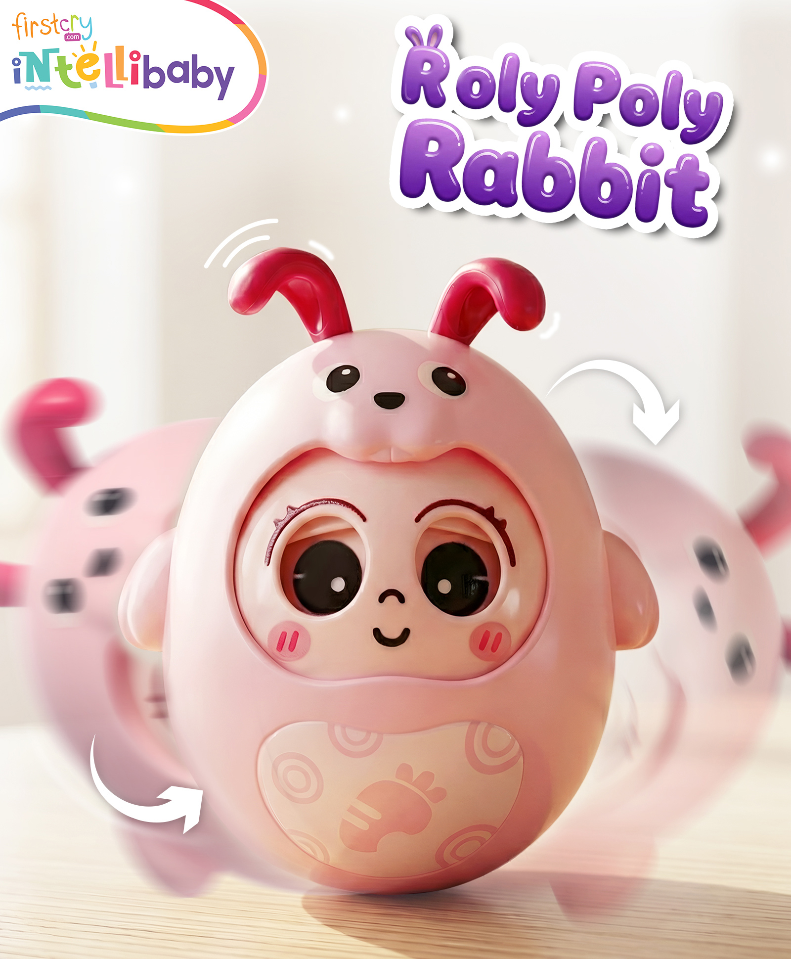 Intellibaby Premium Roly Poly Rabbit - Pink | Push & Shake Tumbler Wobble Toy for Babies | Bell Rattle Sound & Blinking Eyes | Tummy-Time & Crawling Play | Musical | BIS Certified | Ideal For Gifting-image-29