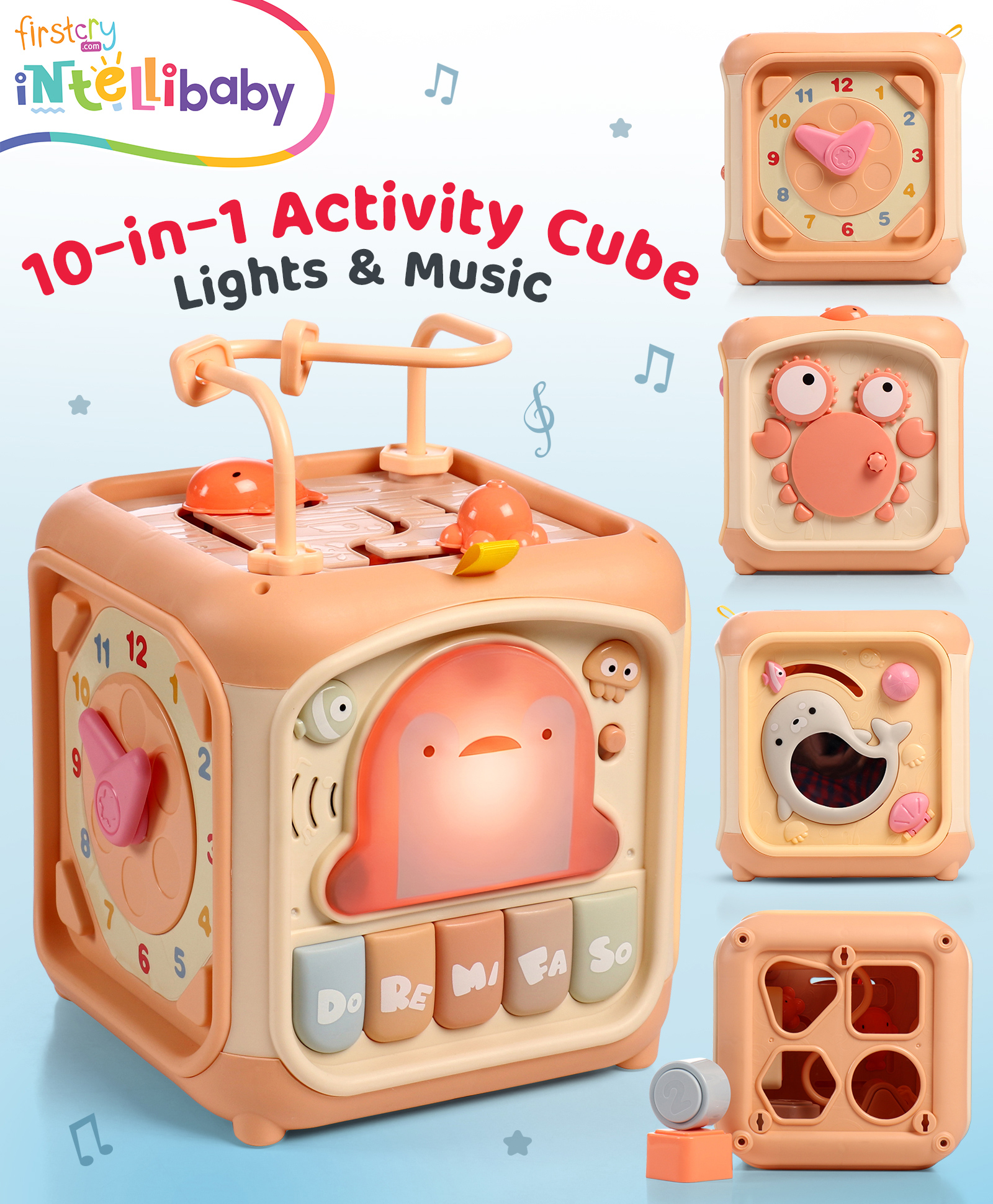 Intellibaby Premium 10-in-1 Activity Busy Cube | Piano, Shape Sorter, Blocks, Safe Mirror, Clock, Maze & More | Educational Toy for Babies | Lights & Music | High Quality |BIS Certified |For Gifting-image-10