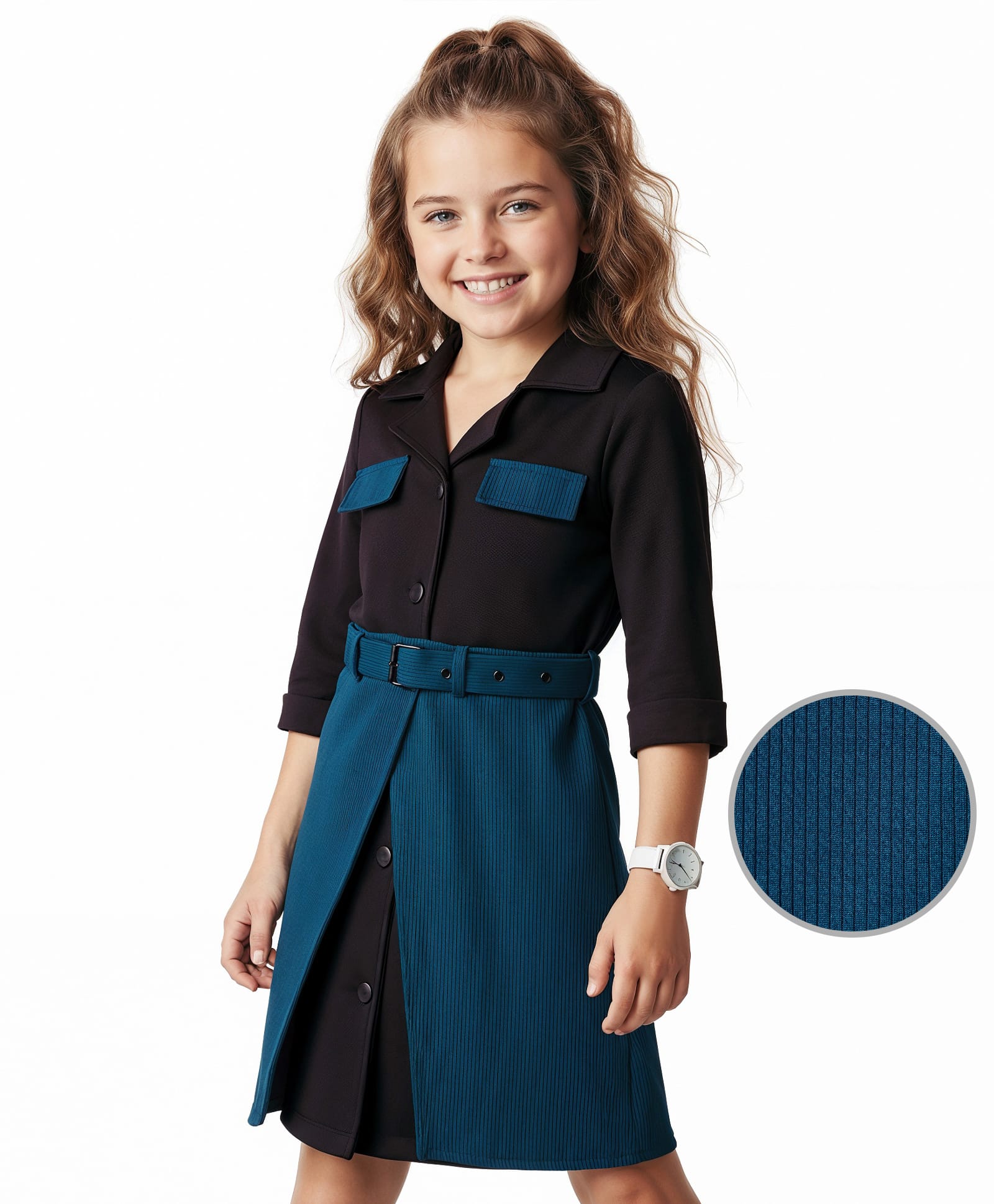 Hola Bonita Knit Full Sleeves Knee Length Solid Shirt Dress With Belt - Teal Blue & Black-image-26