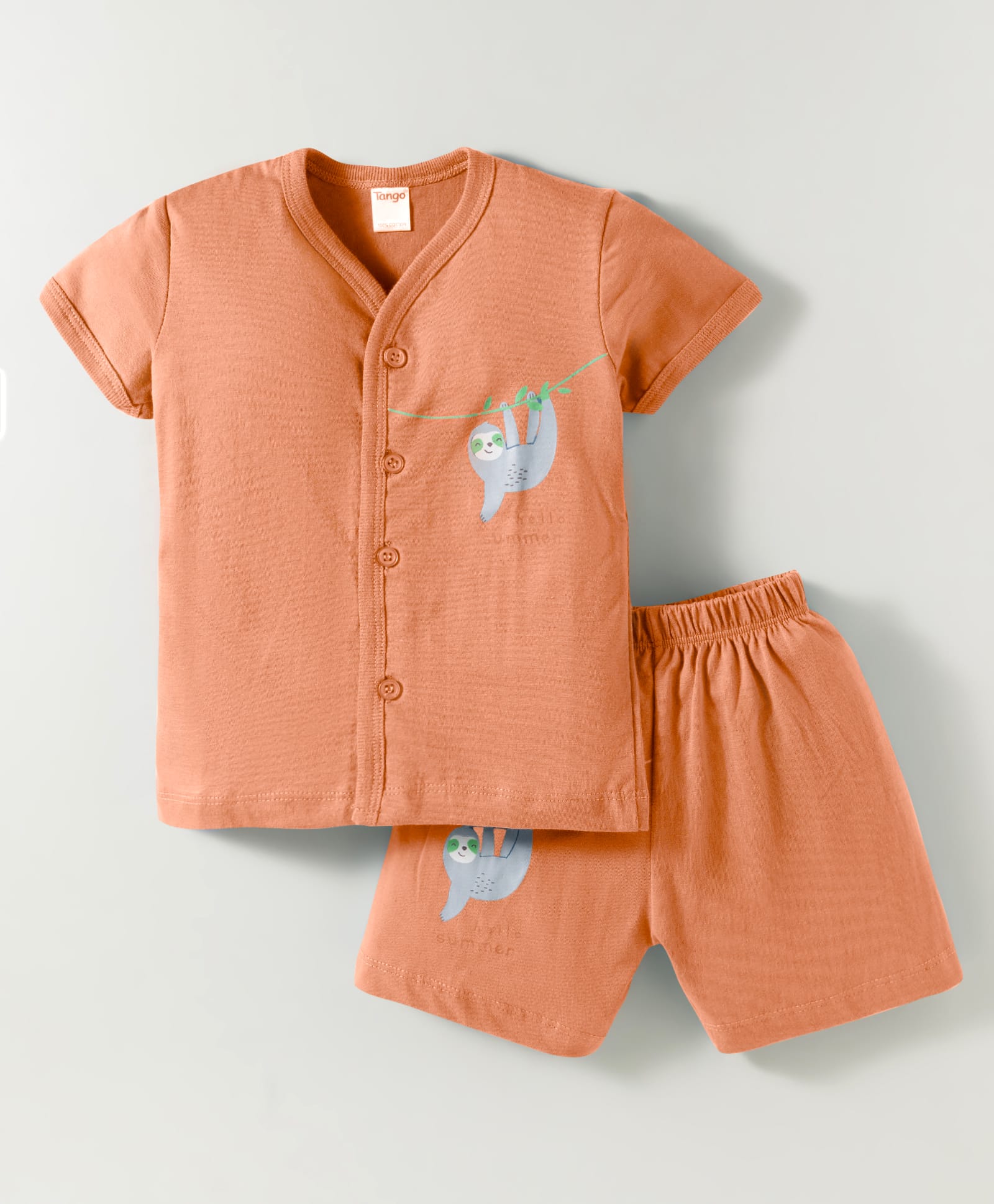 Tango Single Jersey Knit Half Sleeves Shorts Night Suit With Sloth Print - Peach-image-1