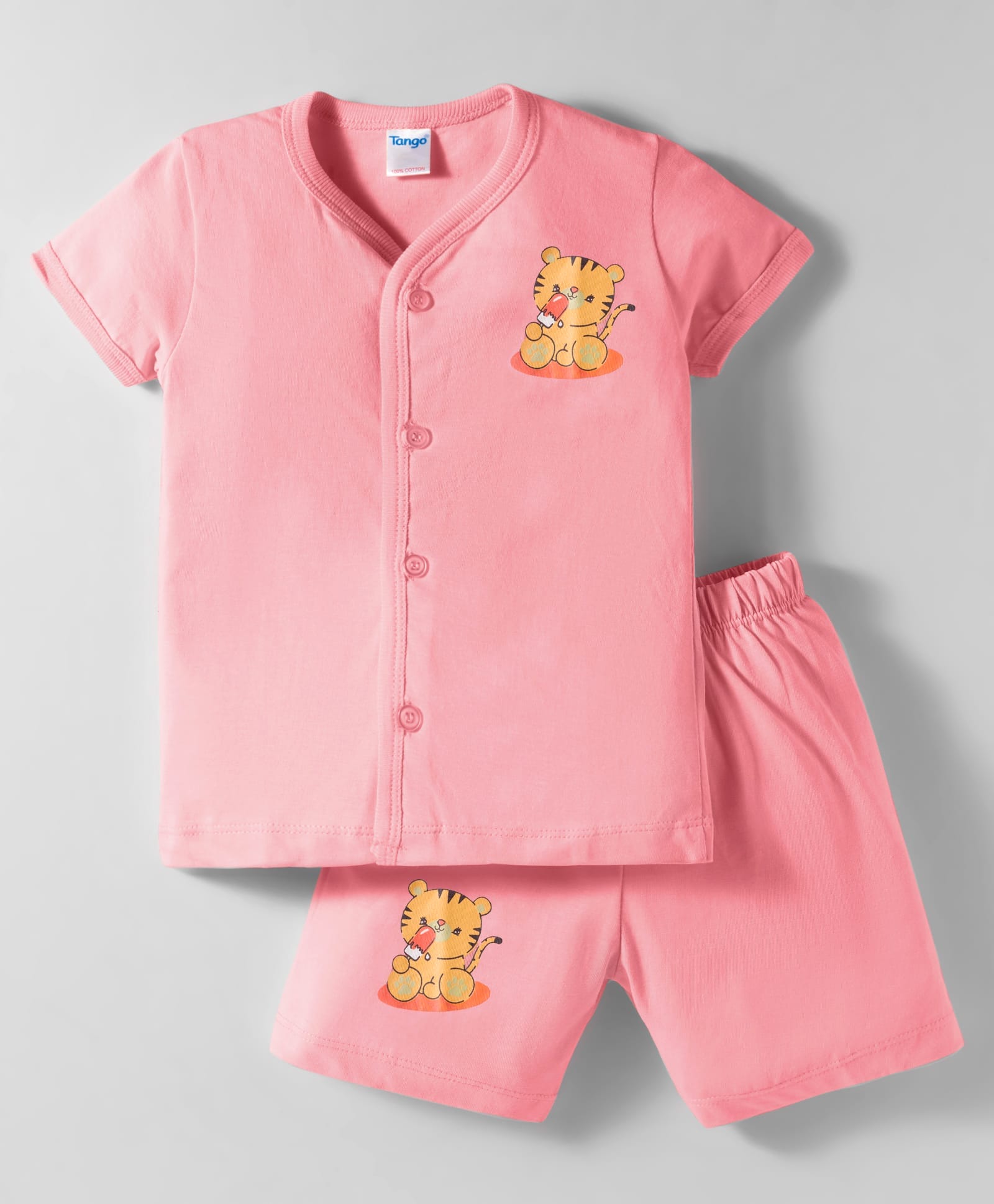 Tango Single Jersey Knit Half Sleeves Shorts Front Open Night Suit with Tiger Print - Coral-picture-15