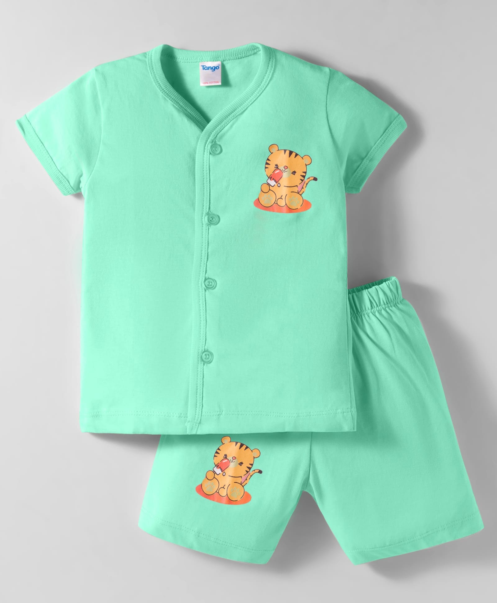 Tango Single Jersey Knit Half Sleeves Shorts Front Open Night Suit with Tiger Print - Mint-picture-17