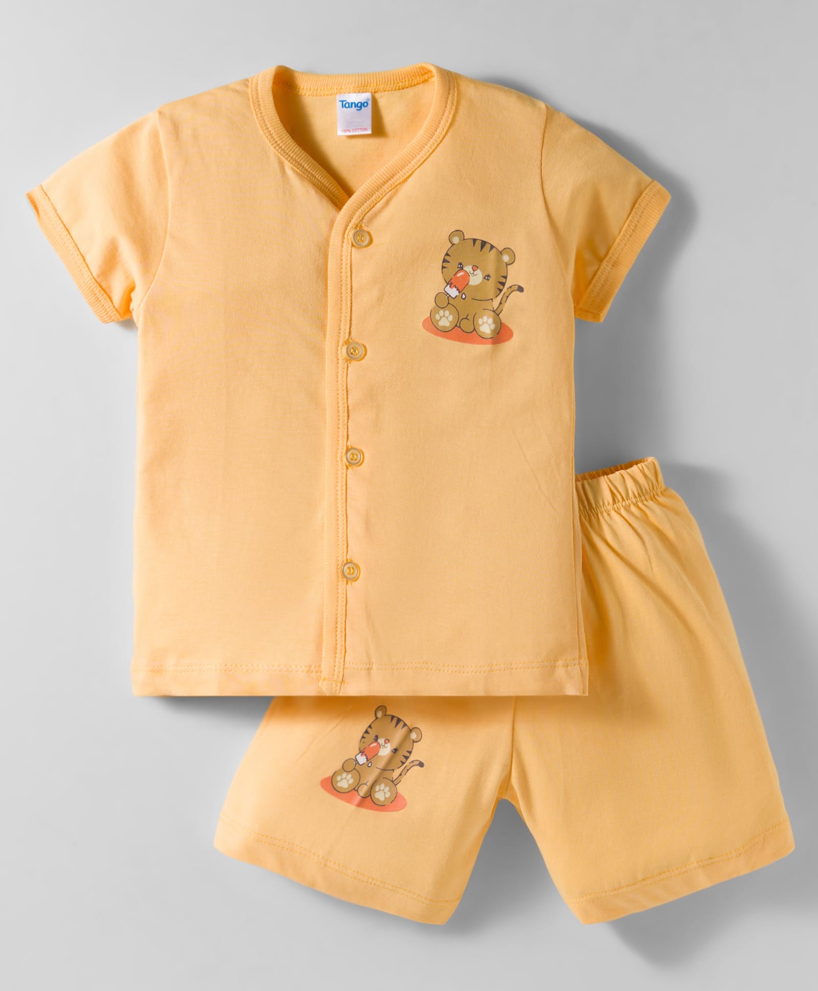 Tango Single Jersey Knit Half Sleeves Shorts Front Open Night Suit with Bear Print - Yellow-picture-45