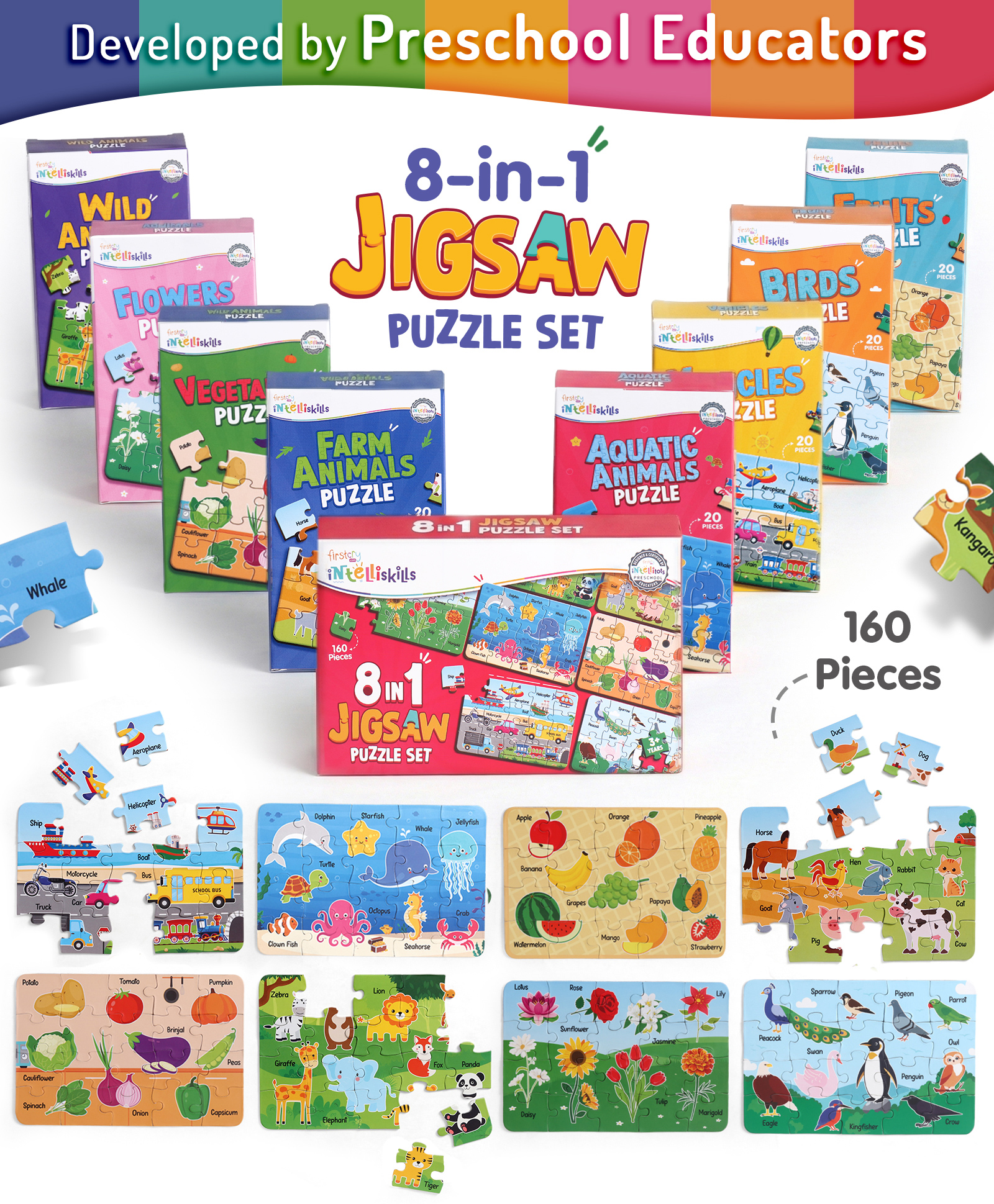 Intelliskills 8-in-1 Jigsaw Learning Puzzle Set | 160 Pieces | 8 Packs | Fruits, Vegetables, Flowers, Birds, Vehicles, Wild, Farm &, Aquatic Animals | BIS Certified |Educator Recommended |For Gifting