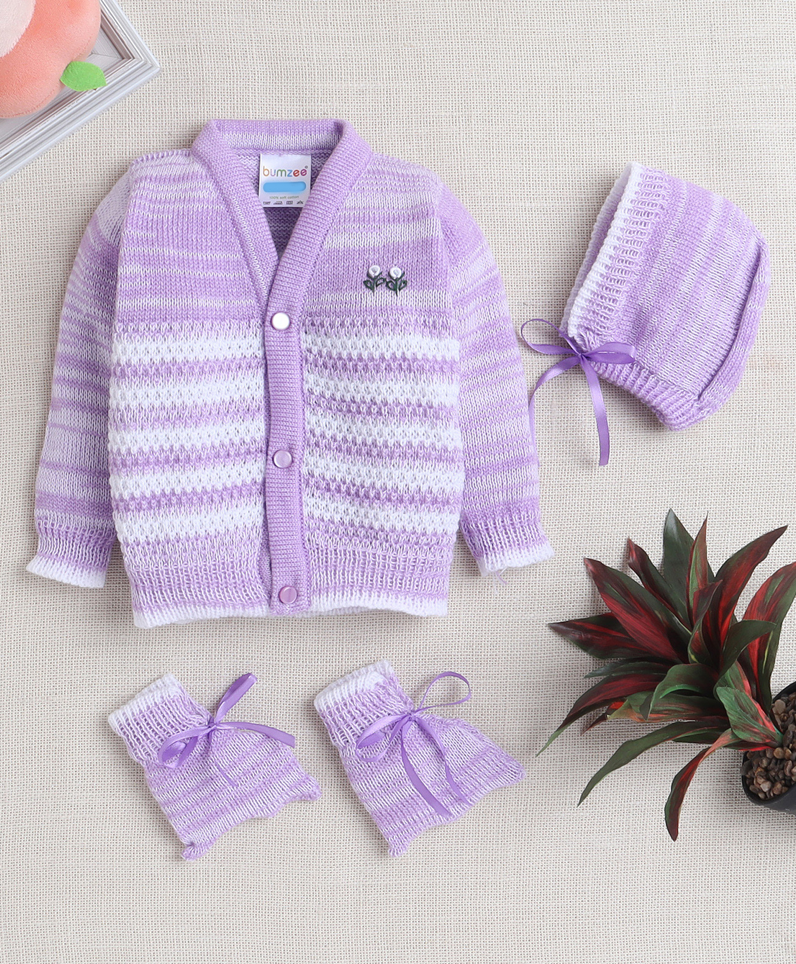 BUMZEE Full Sleeves Front Open Solid Color Sweater with Floral Embroidery Cap & Socks - Lavender-image-42
