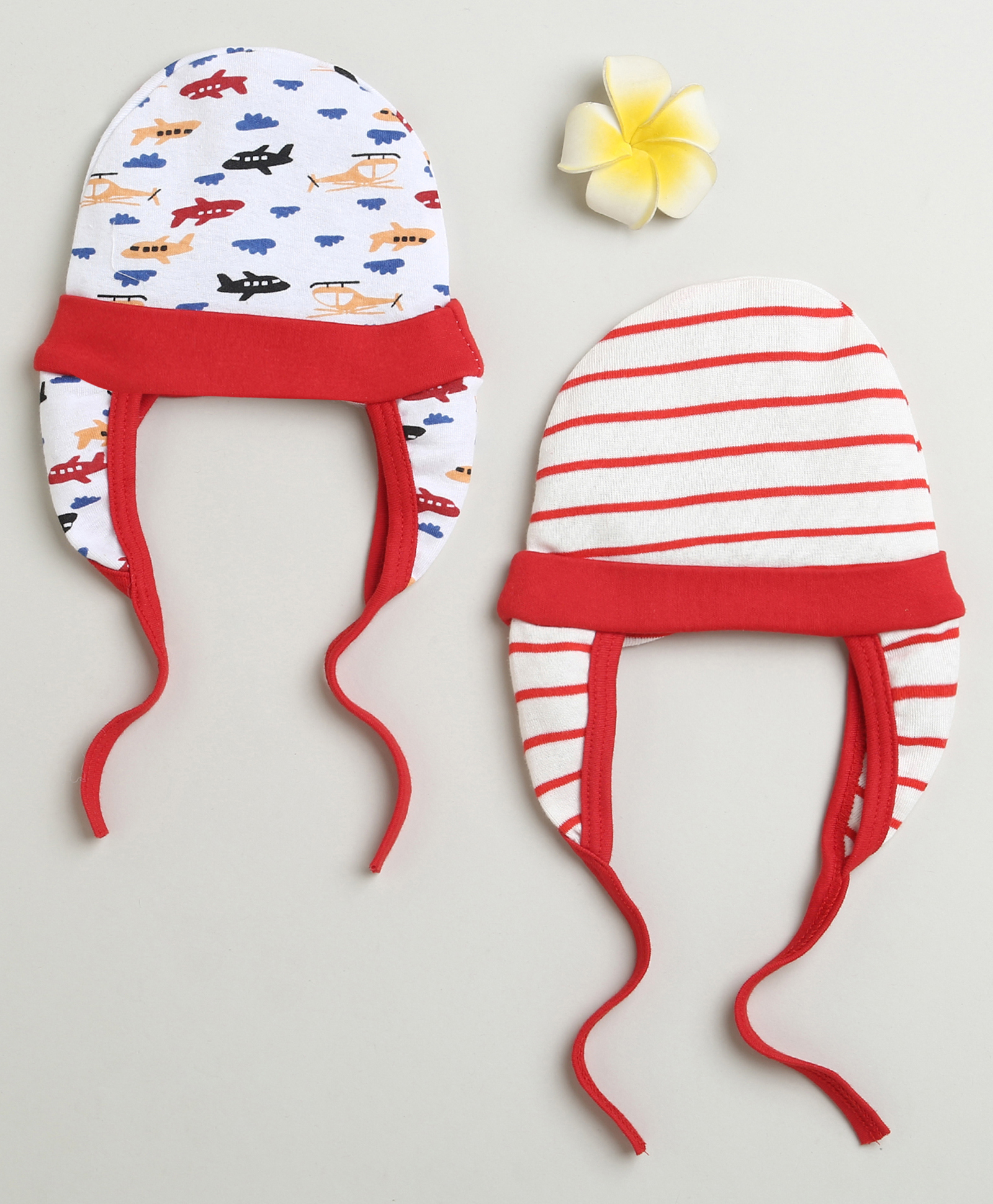 BUMZEE Cotton Knit Ear Flap Cap with Knot Vehicle & Striped Print Pack of 2 White & Red - Diameter 10.5 cm-picture-15