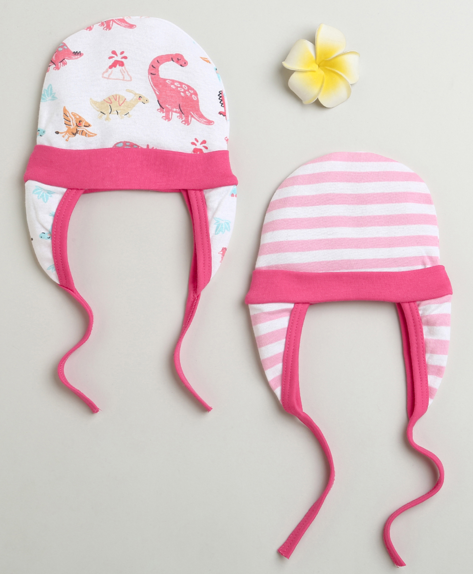 BUMZEE Cotton Knit Ear Flap Cap with Knot Dino & Striped Print Pack of 2 White & Pink - Diameter 10 cm-picture-11