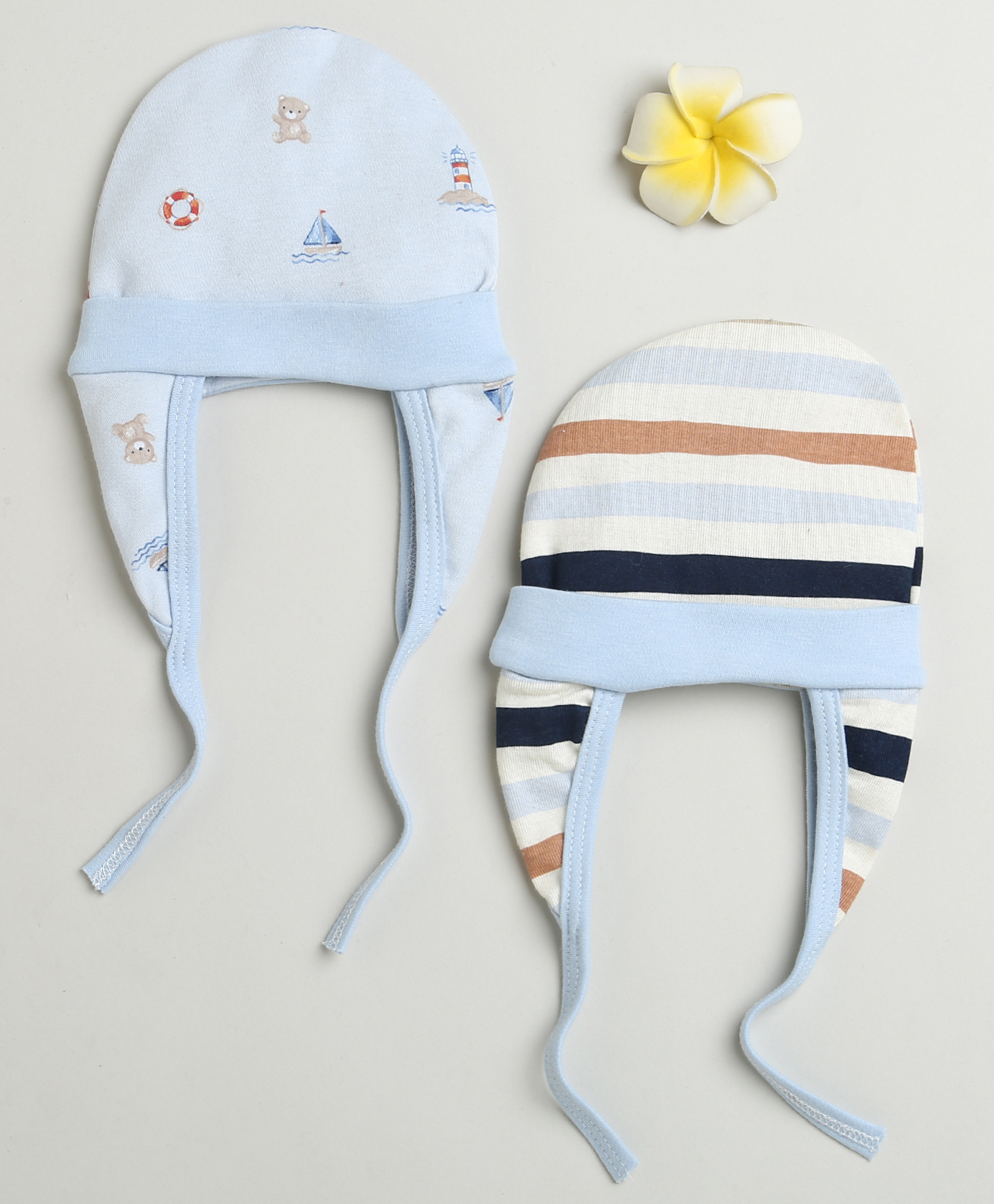 BUMZEE Cotton Knit Ear Flap Cap with Knot & Striped Print Pack of 2 Peach & Black - Diameter 13 cm-picture-13