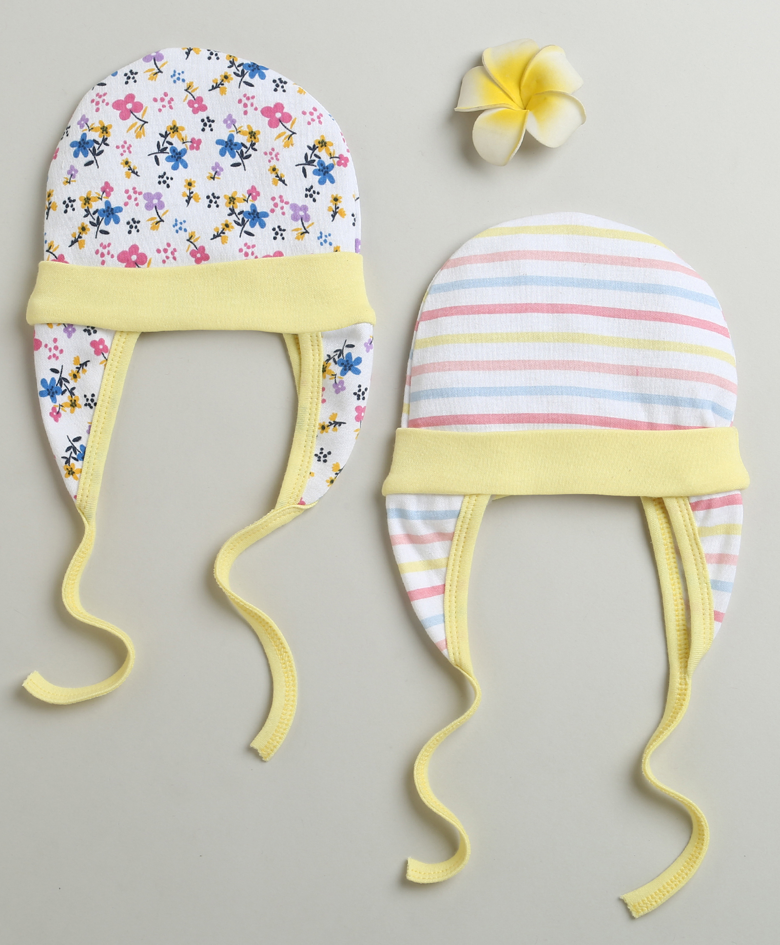 BUMZEE Cotton Knit Ear Flap Cap with Knot Floral & Striped Print Pack of 2 White & Yellow - Diameter 12 cm-picture-12