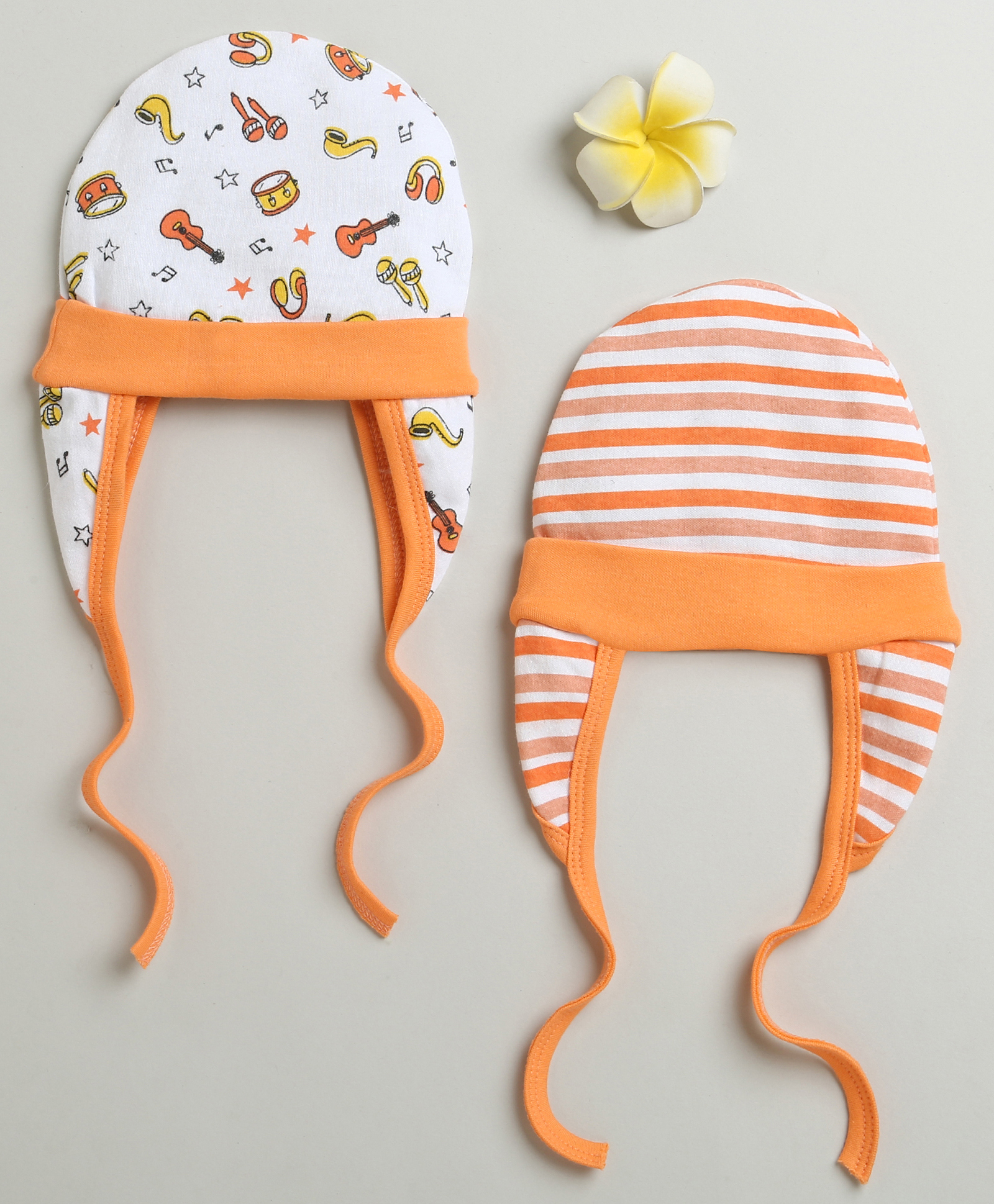 BUMZEE Cotton Knit Ear Flap Cap with Knot Musical Instruments & Striped Print Pack of 2 White & Orange - Diameter 12 cm-picture-16