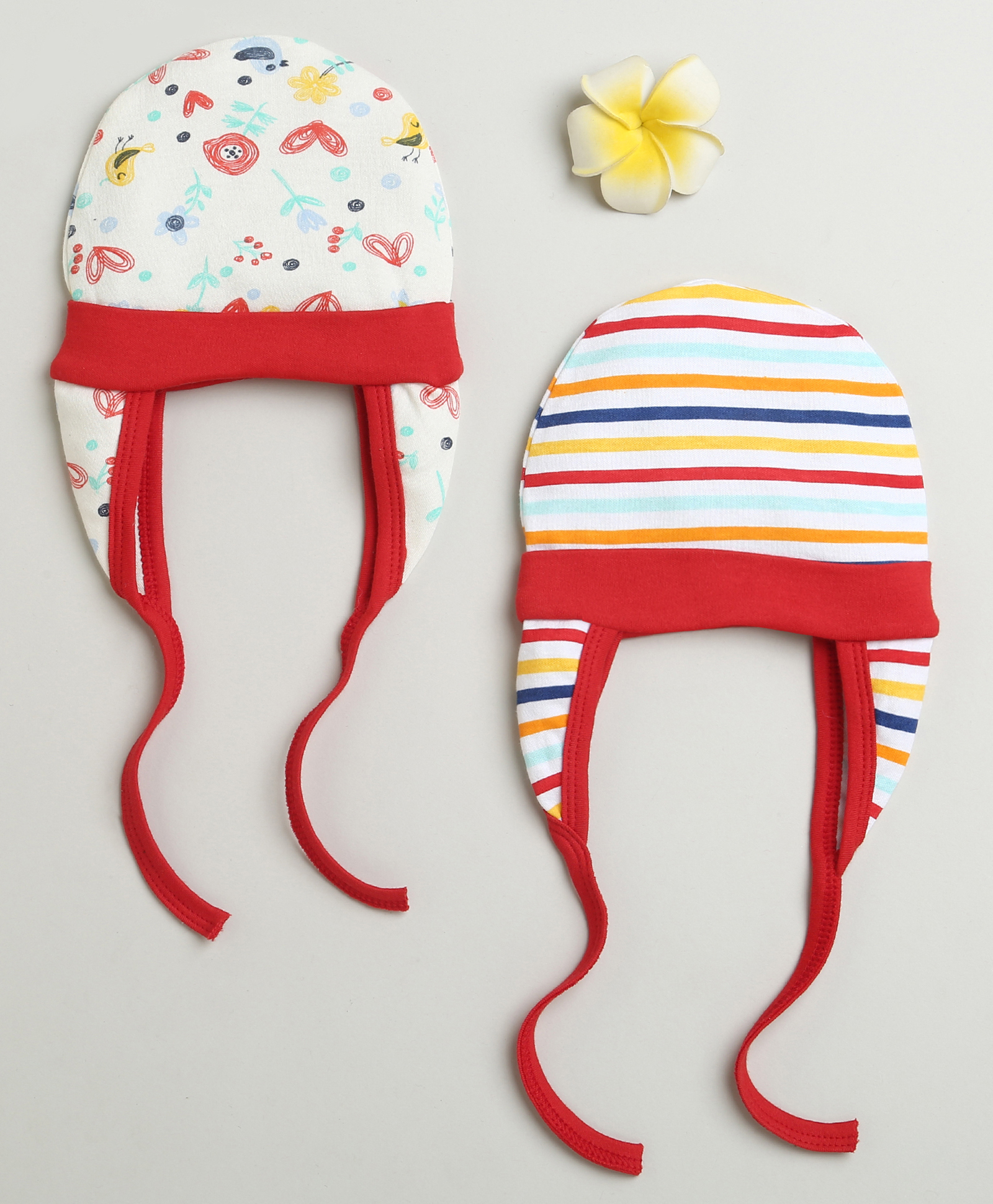 BUMZEE Cotton Knit Ear Flap Cap with Knot Floral & Striped Print Pack of 2 White & Red - Diameter 12 cm-picture-14