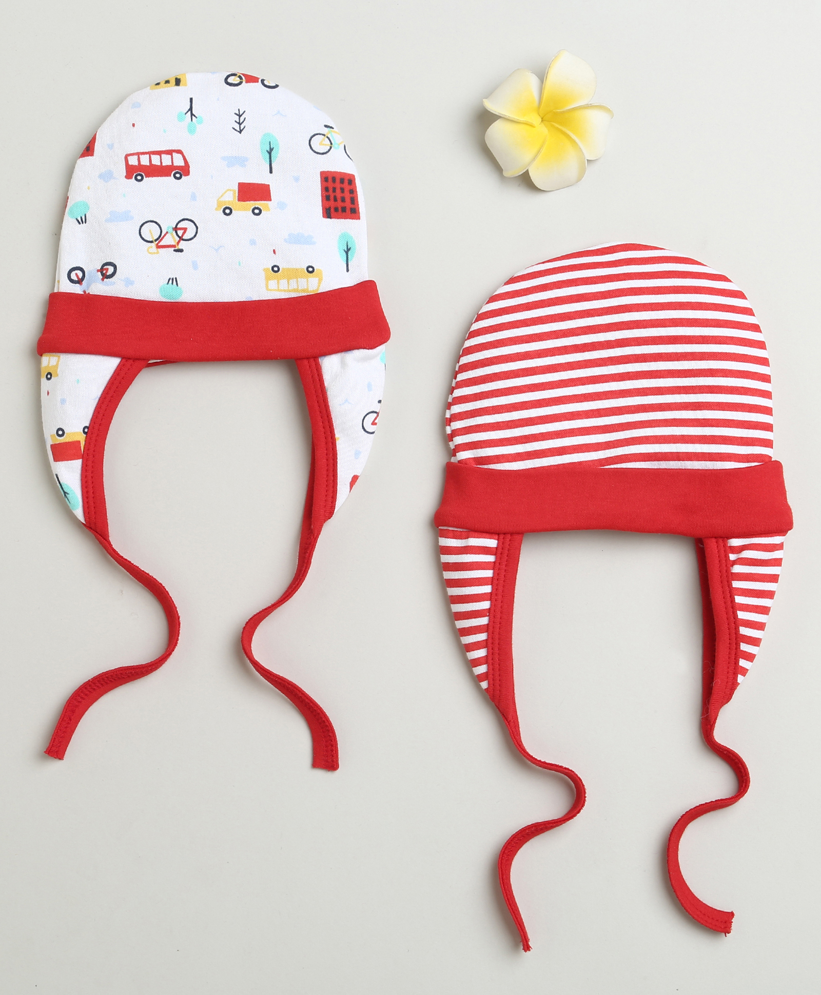 BUMZEE Cotton Knit Ear Flap Cap with Knot Vehicle & Striped Print Pack of 2 White & Red - Diameter 12 cm-picture-10