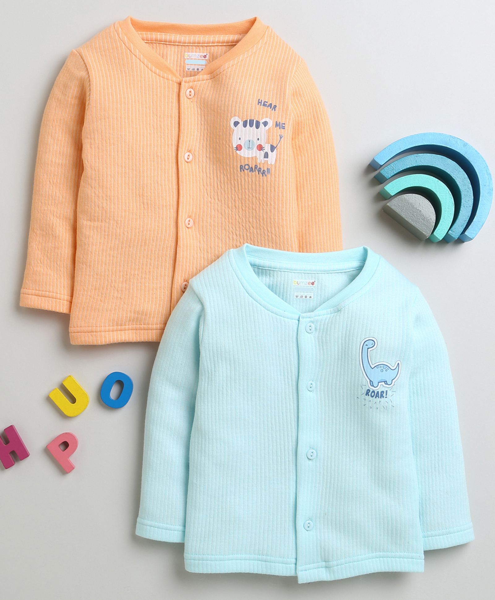 BUMZEE Cotton Knit Full Sleeves Jhablas With Animal Print Pack Of 2 - Light Blue & Orange-image-29