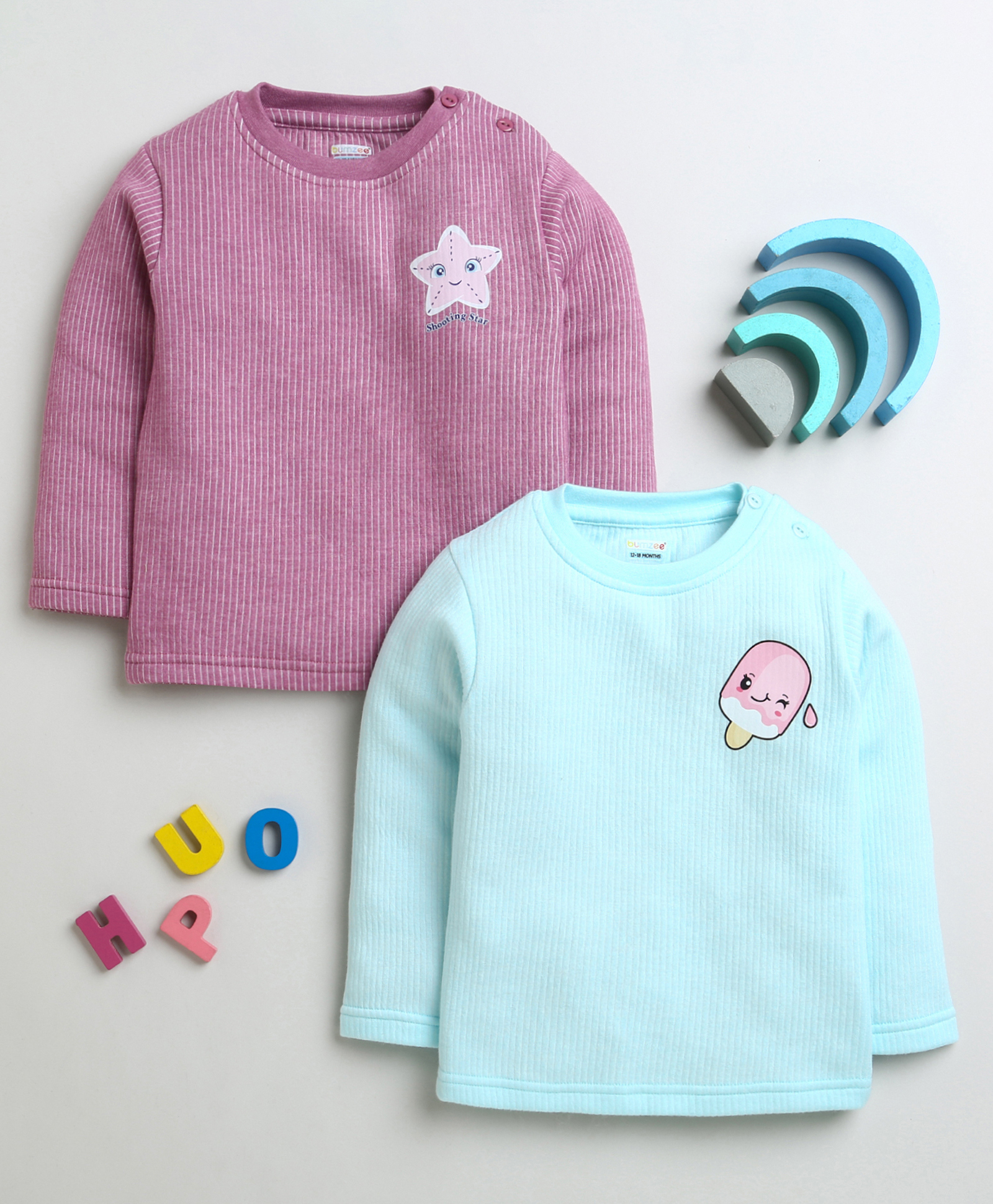 BUMZEE Cotton Knit Full Sleeves Jhablas With Stripes & Star Fish Print Pack Of 2 - Aqua & Lilac-picture-32