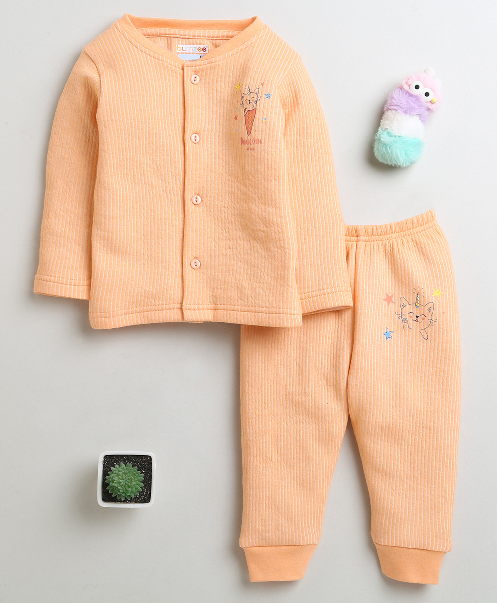 BUMZEE Cotton Knit Full Sleeves Thermal T-Shirt & Lounge Pant Set With Cat Print - Orange-image-2