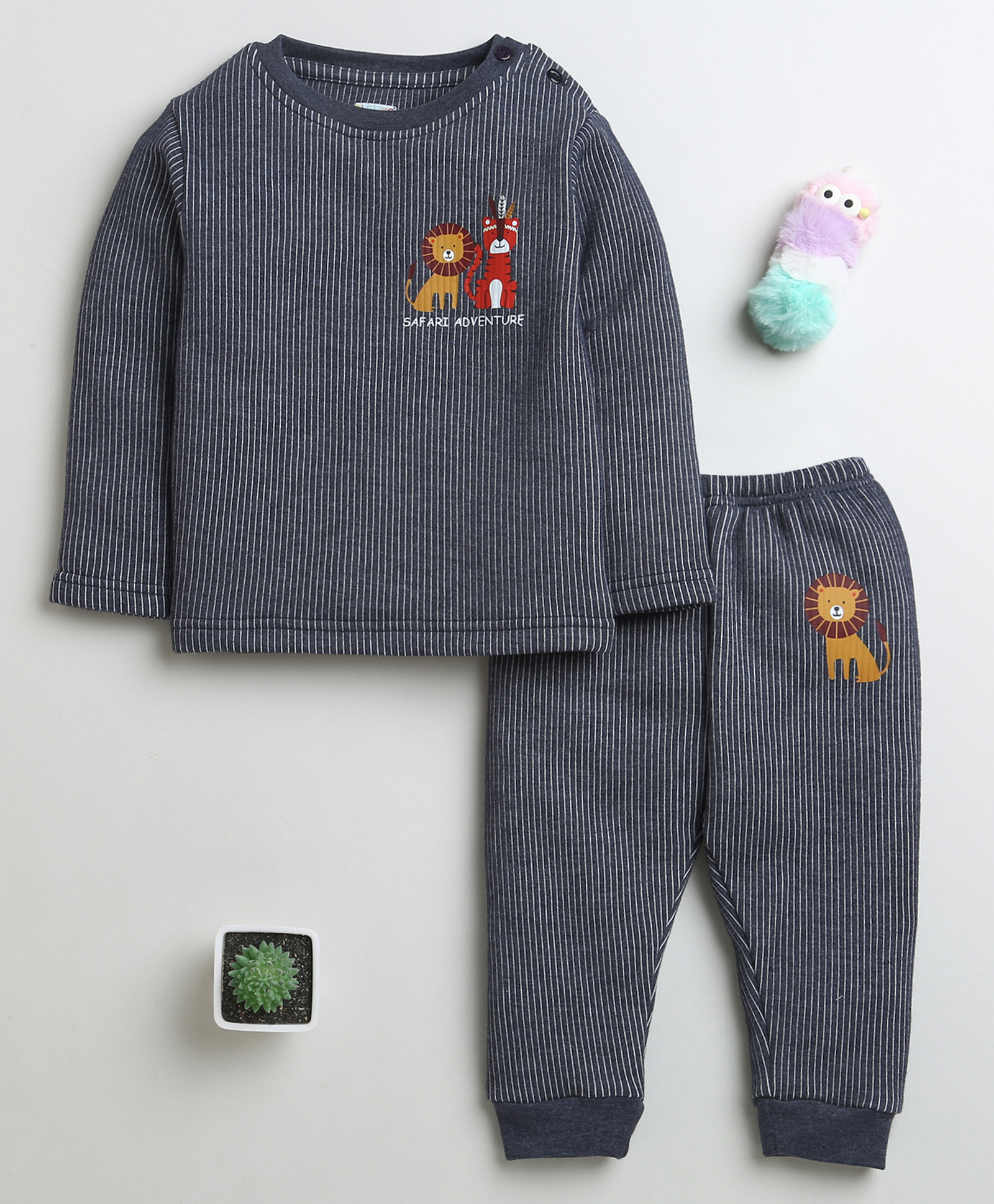 BUMZEE Knit Full Sleeves Solid Thermal T-Shirt & Jogger Set with Animal Print - Charcoal Grey-image-3