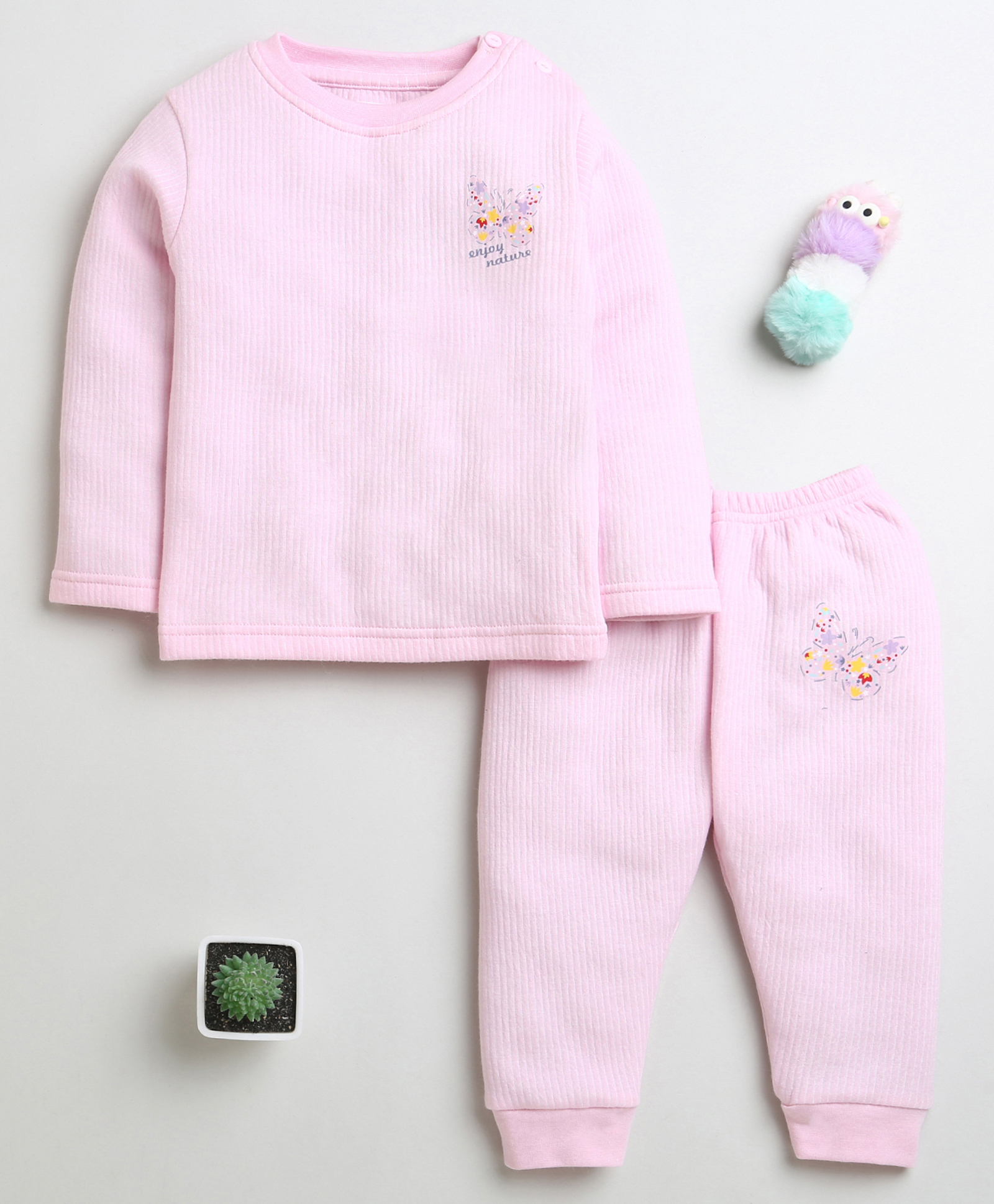 BUMZEE Cotton Knit Full Sleeves T-Shirt & Lounge Pant Set With Butterfly Print - Pink-image-36