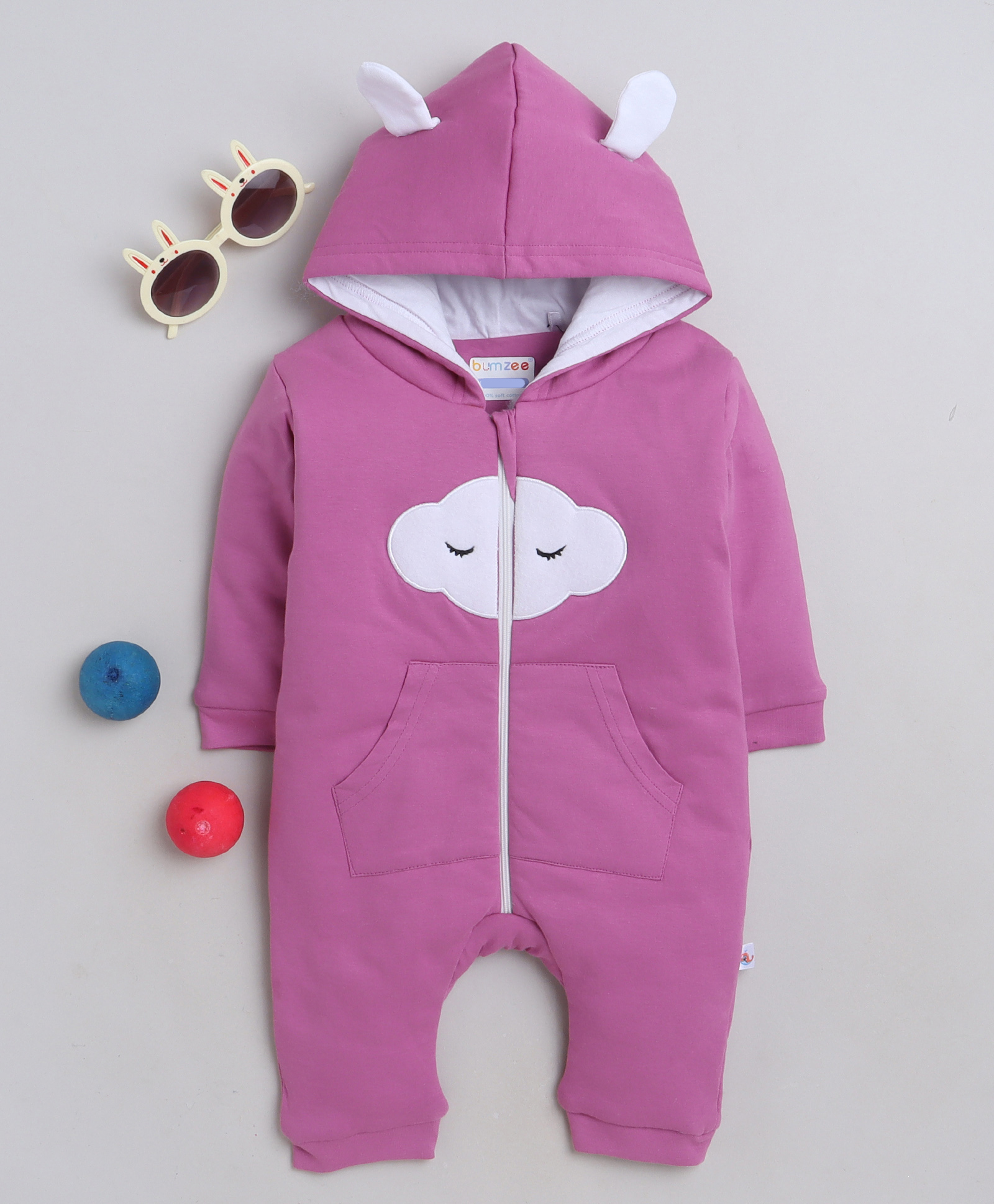 BUMZEE Interlock Knit Full Sleeves Hooded Romper With Cloud Patch & Kangaroo Pockets - Mauve-image-14
