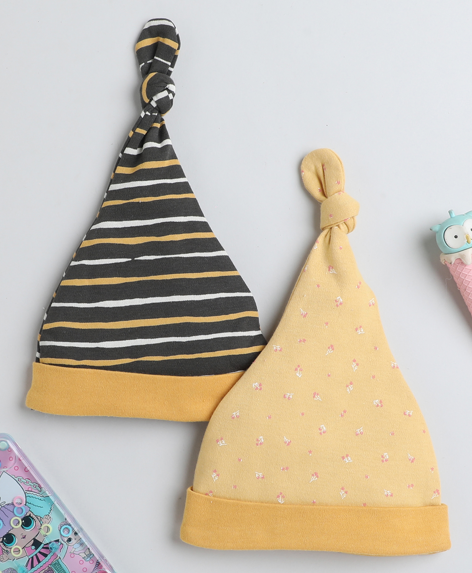 BUMZEE Interlock Knit Knot Detailing Cap with Strips & Polka Dots Mustard & Grey - Diameter 11 cm-picture-24